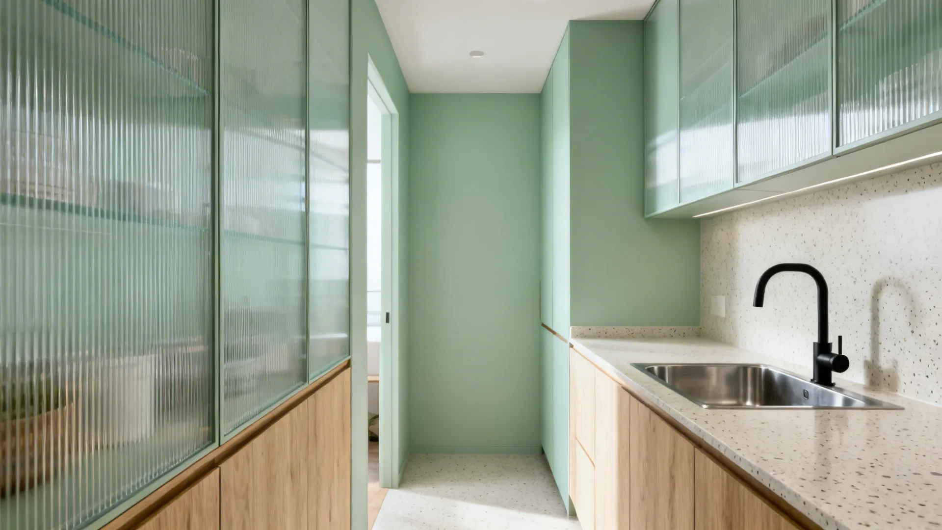 Northeast small kitchen with mint-sage walls, ribbed glass fronts, and black tapware.