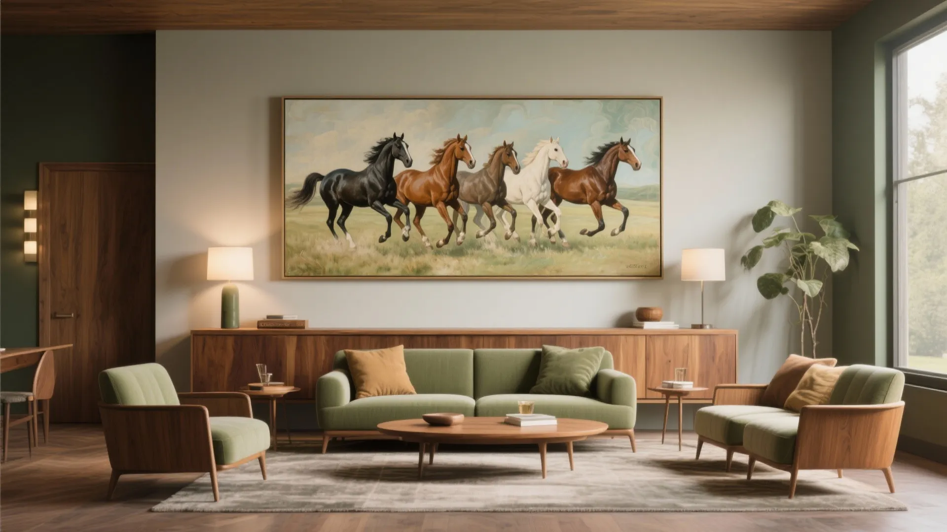 Mid-century living room with green sofa, wooden cabinet, horse wall art, and warm table lamps