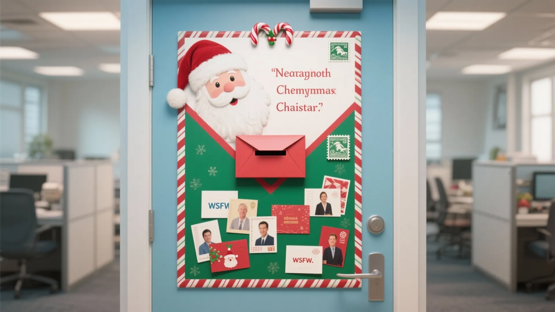 Blue office door featuring a Santa Claus poster red mailbox envelope and festive Christmas holiday cards