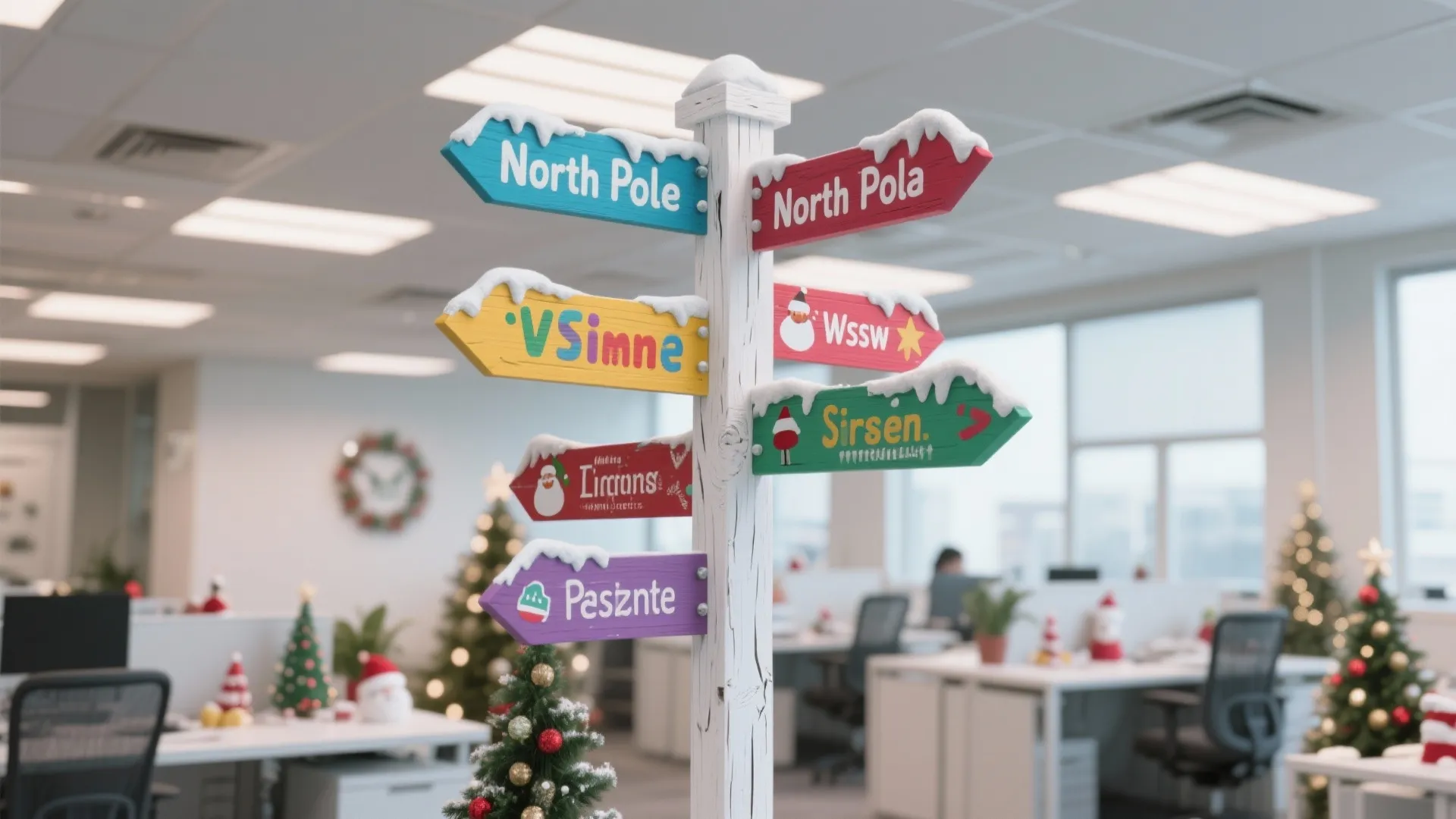Colorful wooden North Pole signpost with snow on top inside a modern office with trees