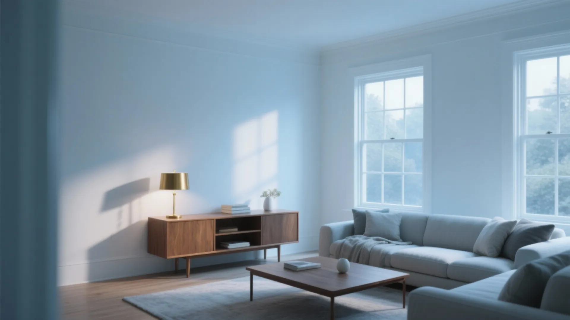 Modern living room with grey sofa wood cabinet gold table lamp two windows and natural light