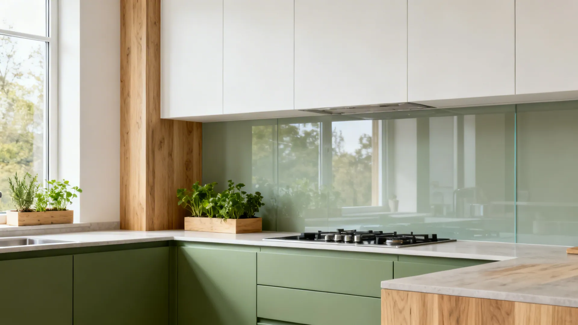 North-facing compact kitchen with sage lowers, white uppers, oak accents, and a glass backsplash.