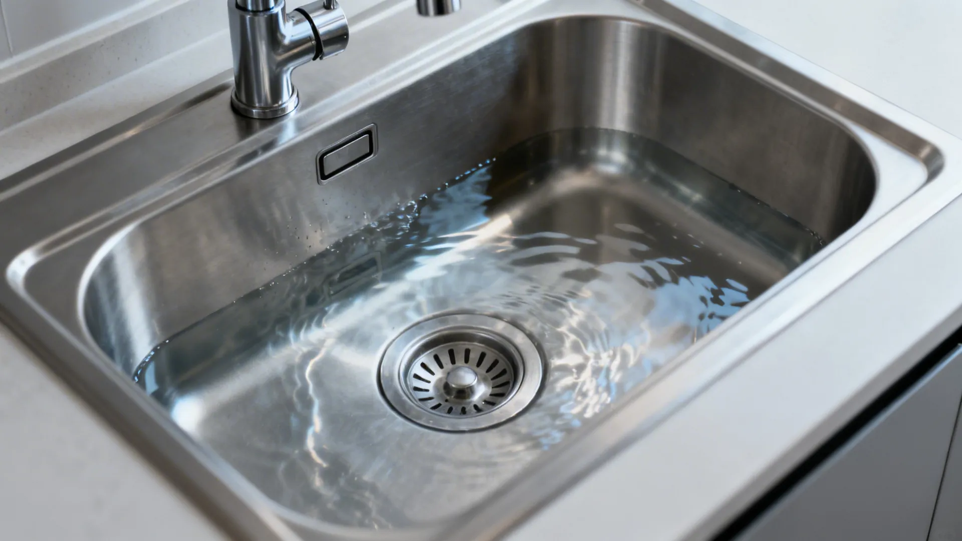 Close-up of a stainless steel sink with compact drainer and under-cabinet task lighting.