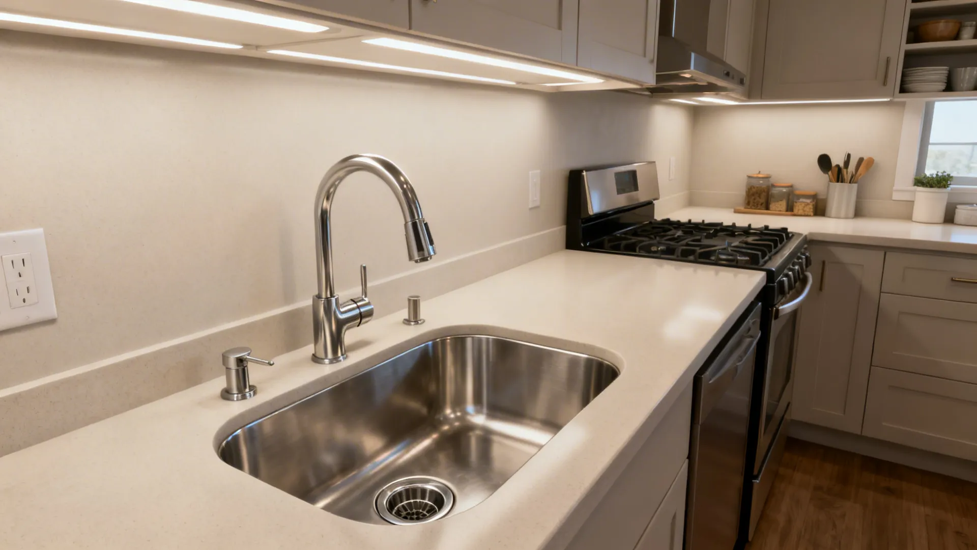 Kitchen sink on the north wall with task lighting, separated from the southeast stove for smoother workflow.