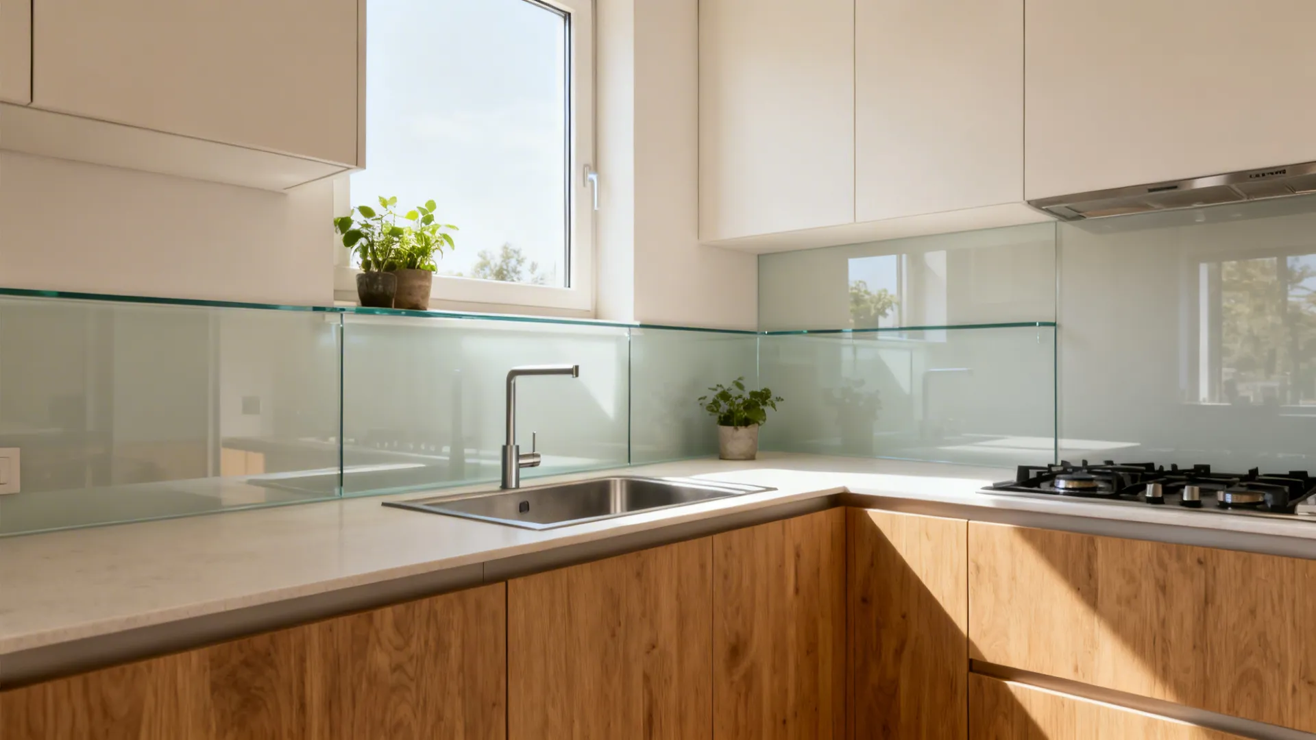 Modern kitchen sink with silver faucet under bright window with wooden cabinets and glass backsplash