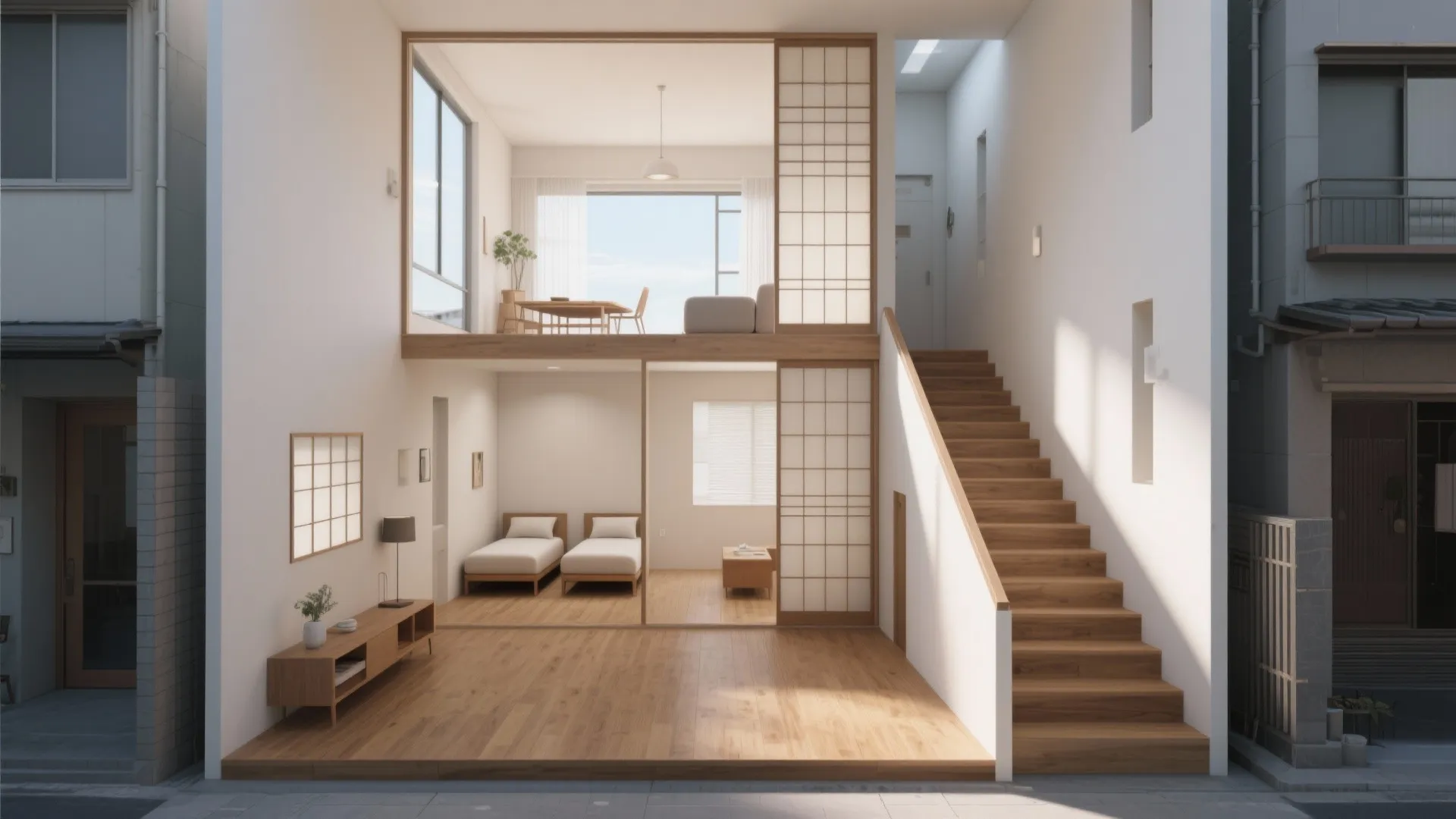 階段位置で暮らしが変わる：中央配置で短距離・端配置でゾーニング