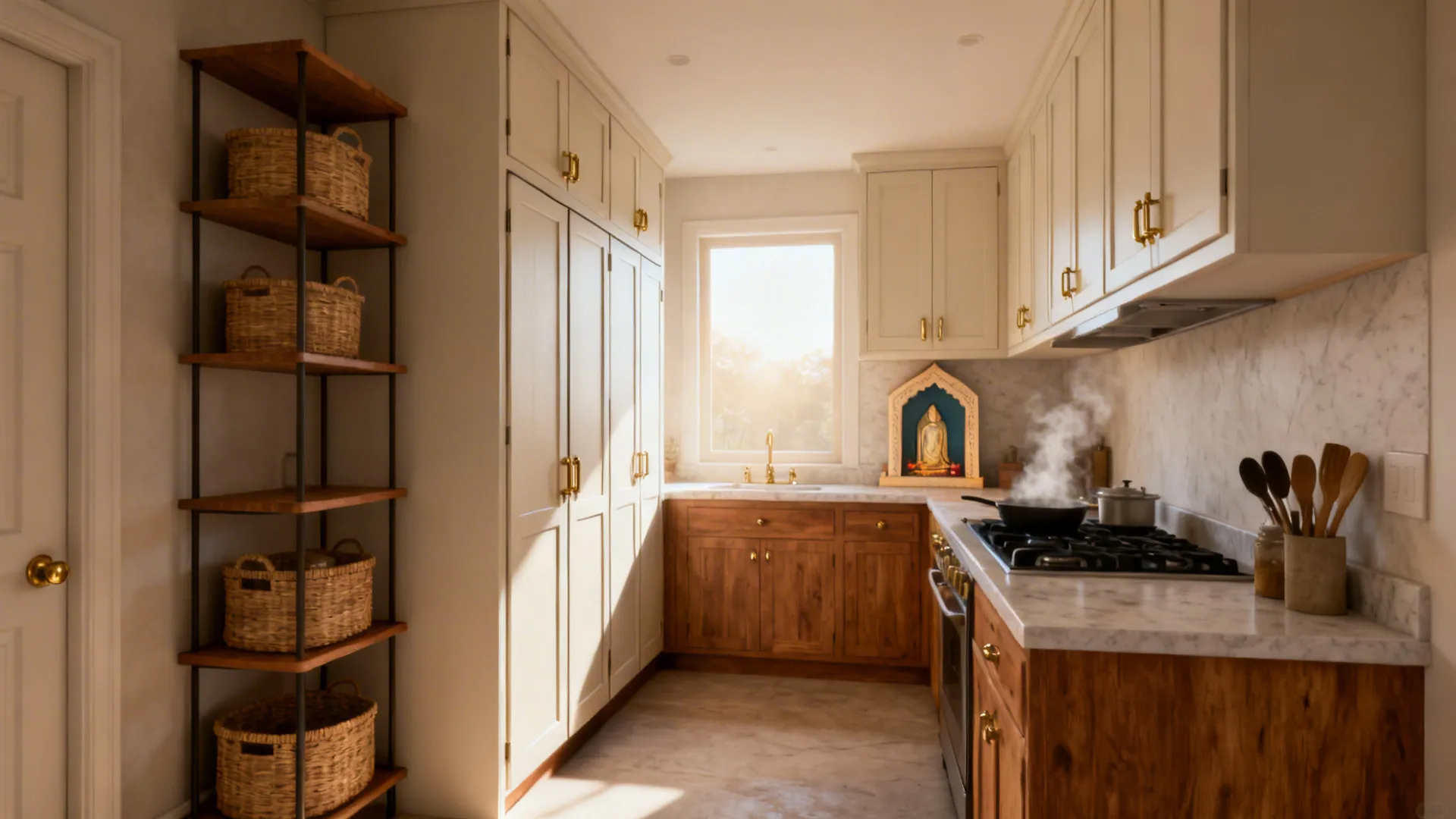 Sunlit kitchen with white tall cabinets wood base units marble counters and wooden shelves baskets