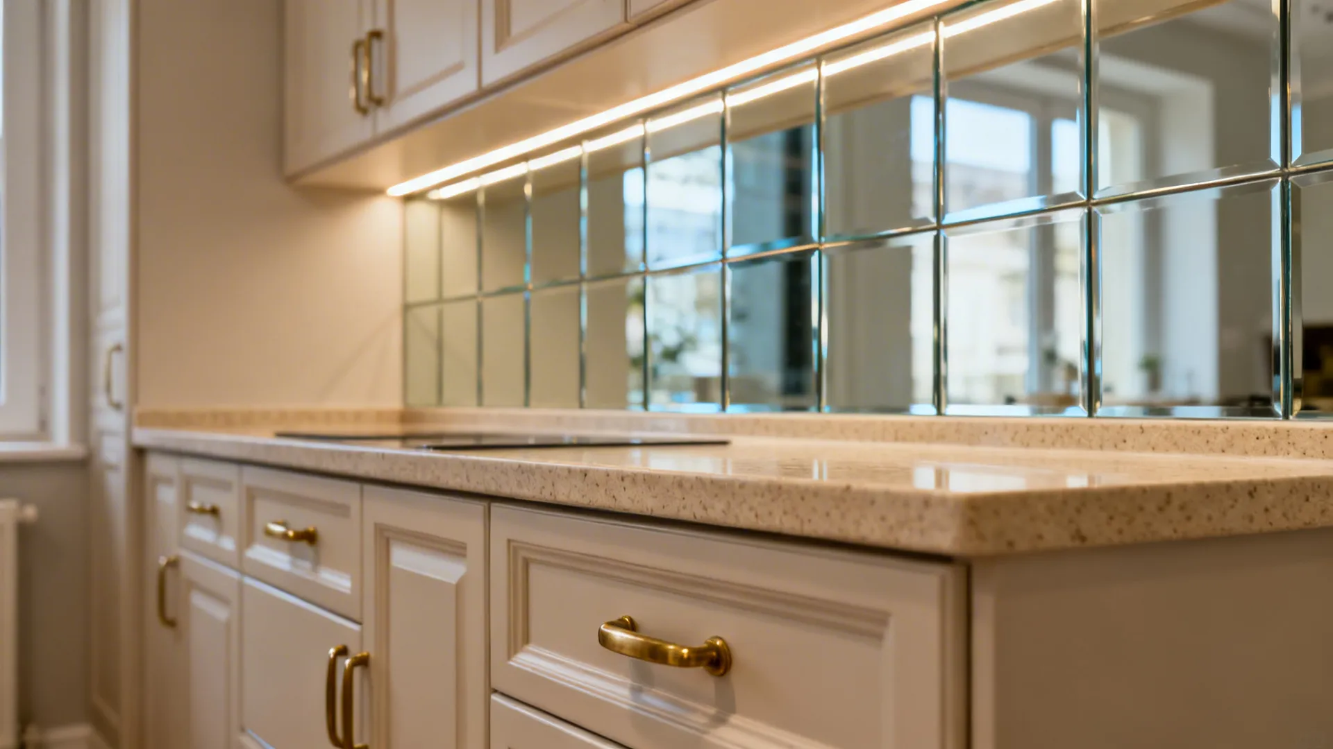 Close up of cream kitchen cabinets with gold handles and a mirrored tile wall backsplash