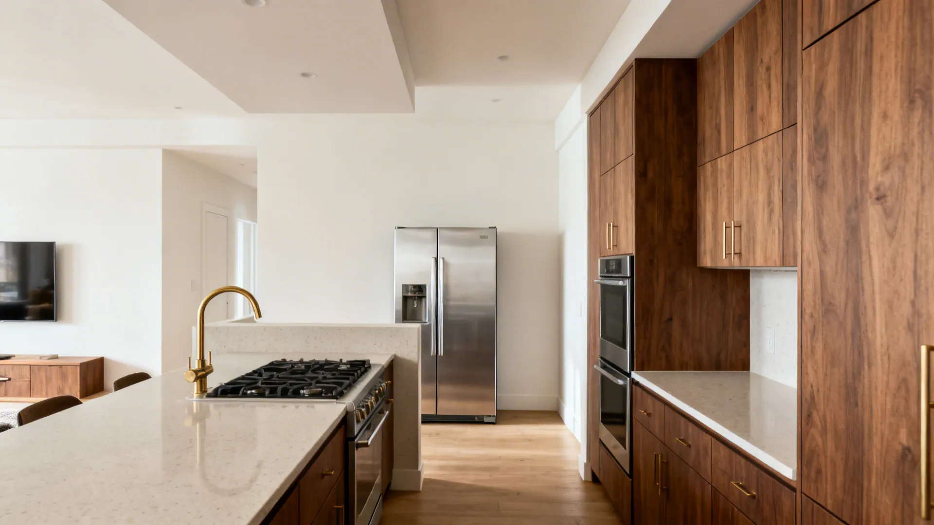 Refrigerator placed on the north-northeast wall with bulk storage to the west-southwest.