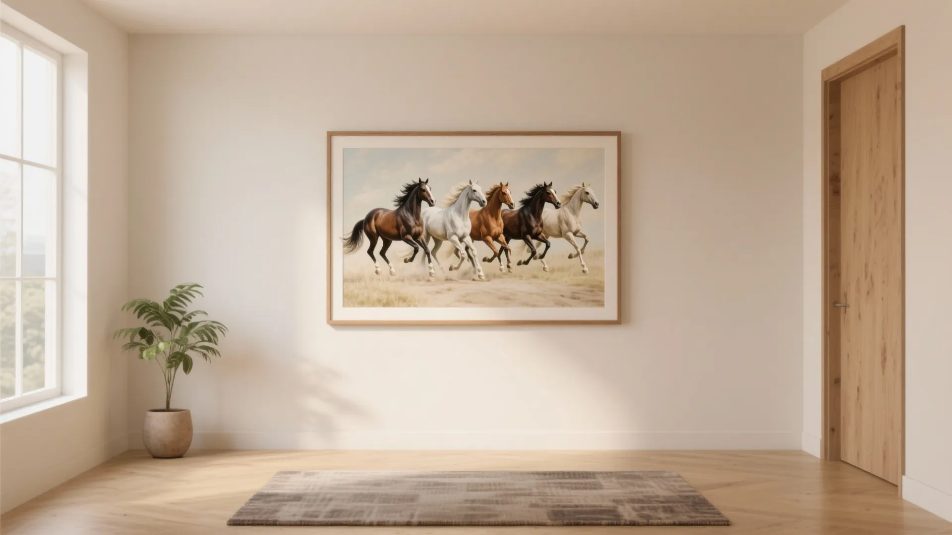 Minimalist white room featuring large framed horse painting, wooden floor, green plant, and bright window