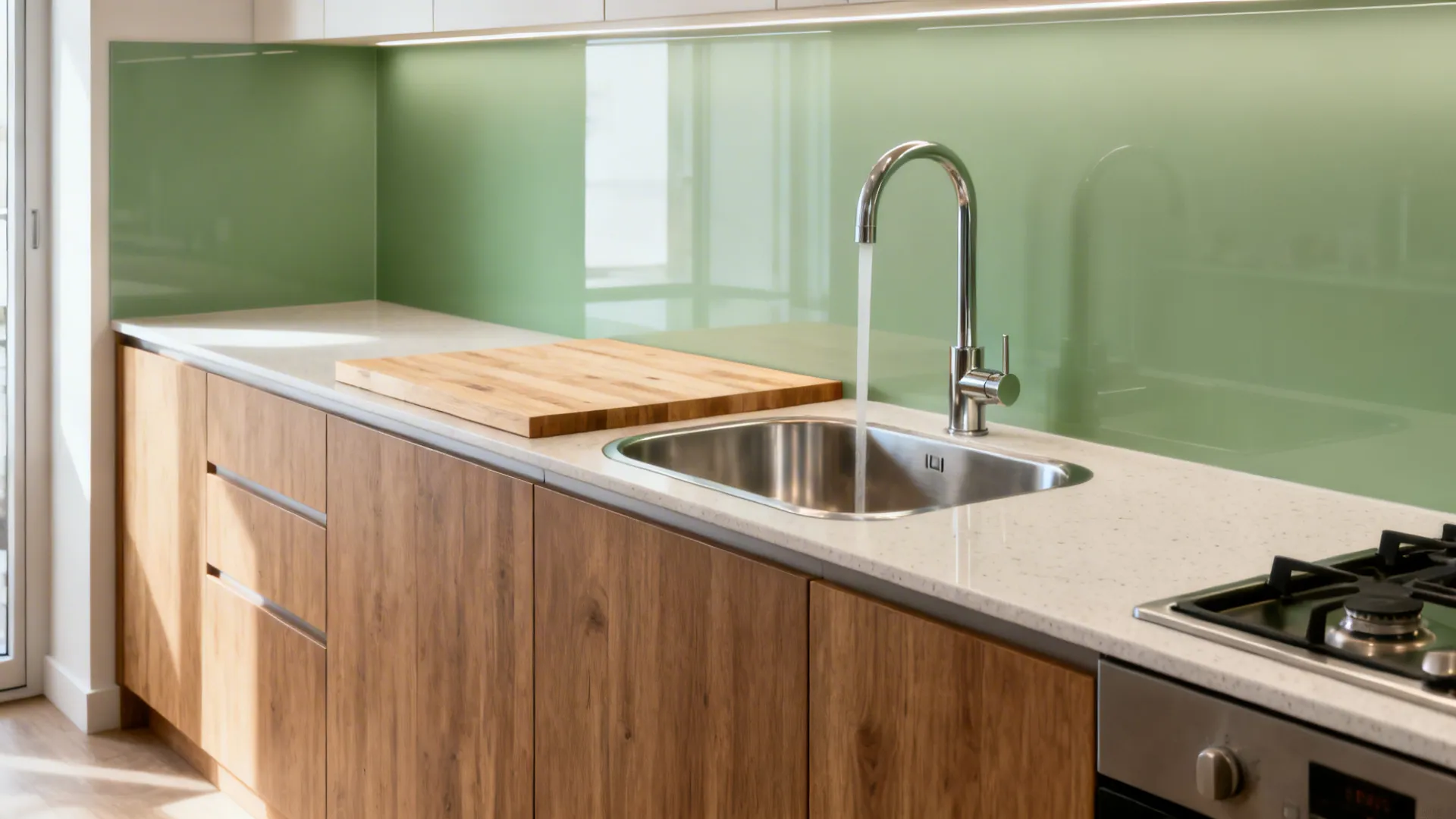 North-northeast sink with a neutral prep buffer separating it from the southeast cooktop.