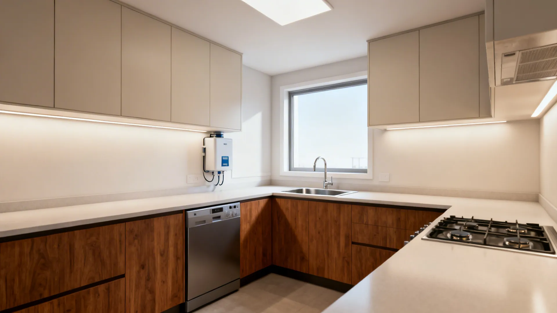 North-facing sink with RO unit and dishwasher in a bright compact kitchen.