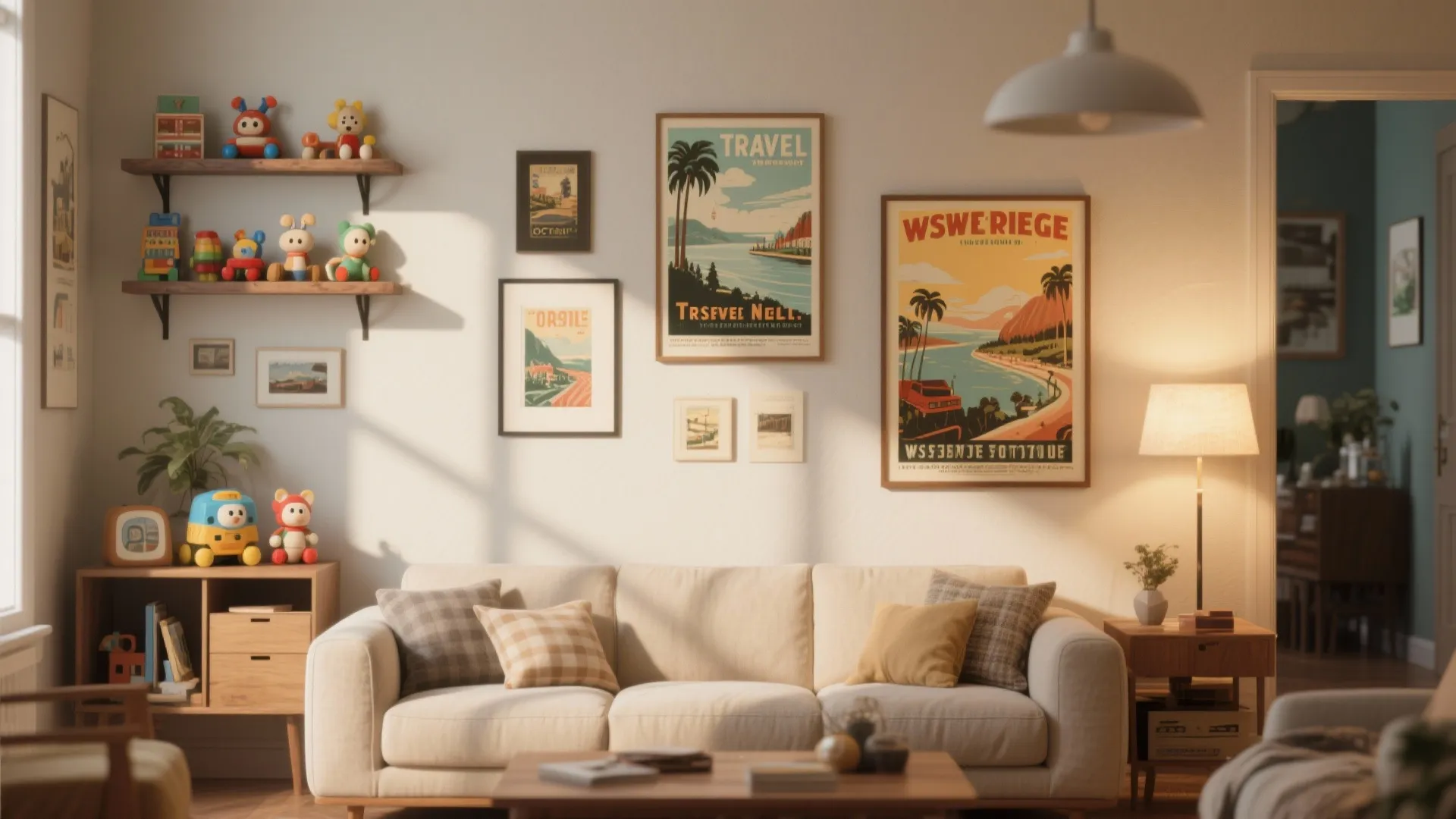 Living room wall featuring travel posters wooden wall shelves with toys and cream colored sofa
