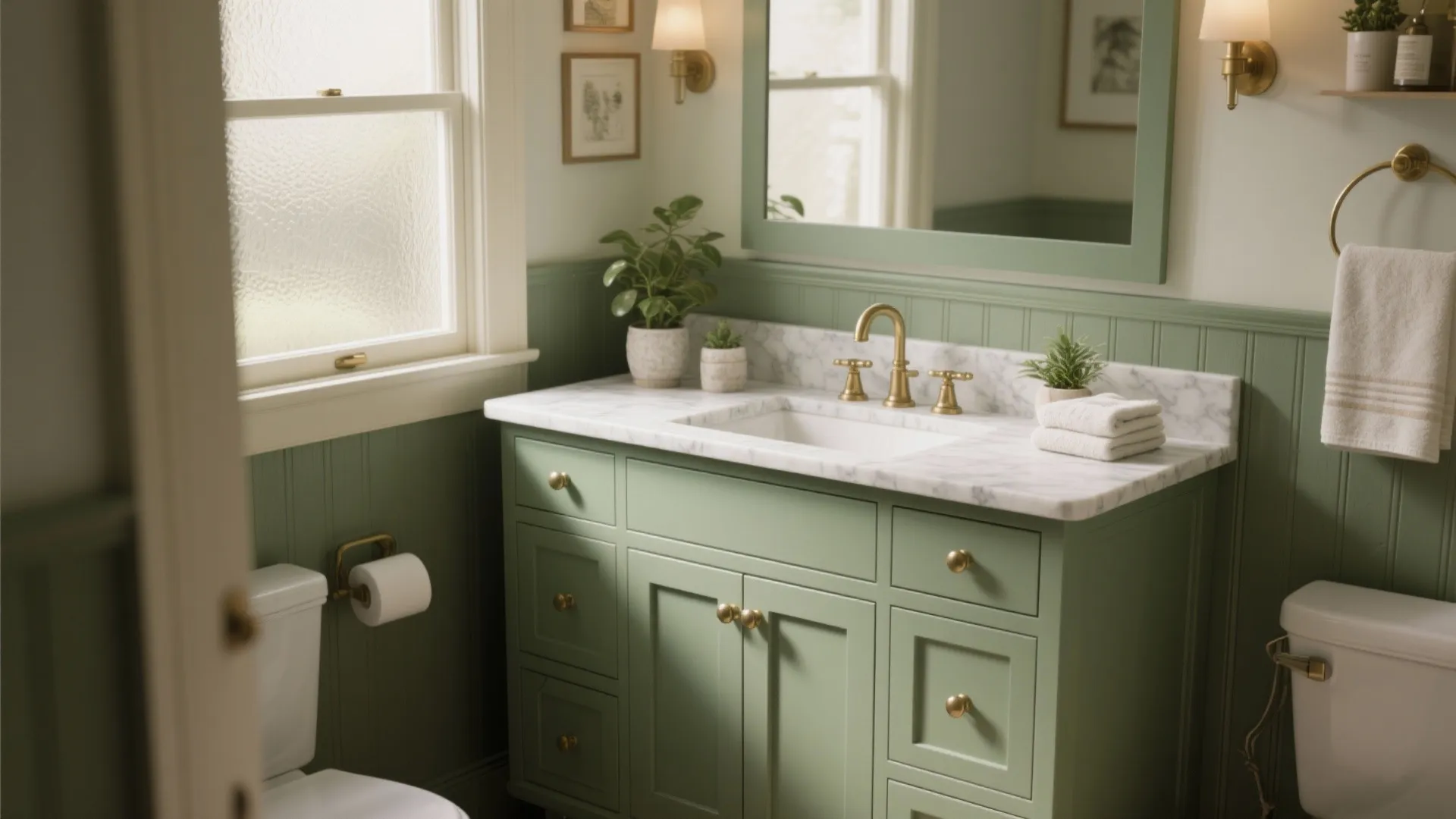 Green bathroom with a white sink and marble top plus wall light and green panels