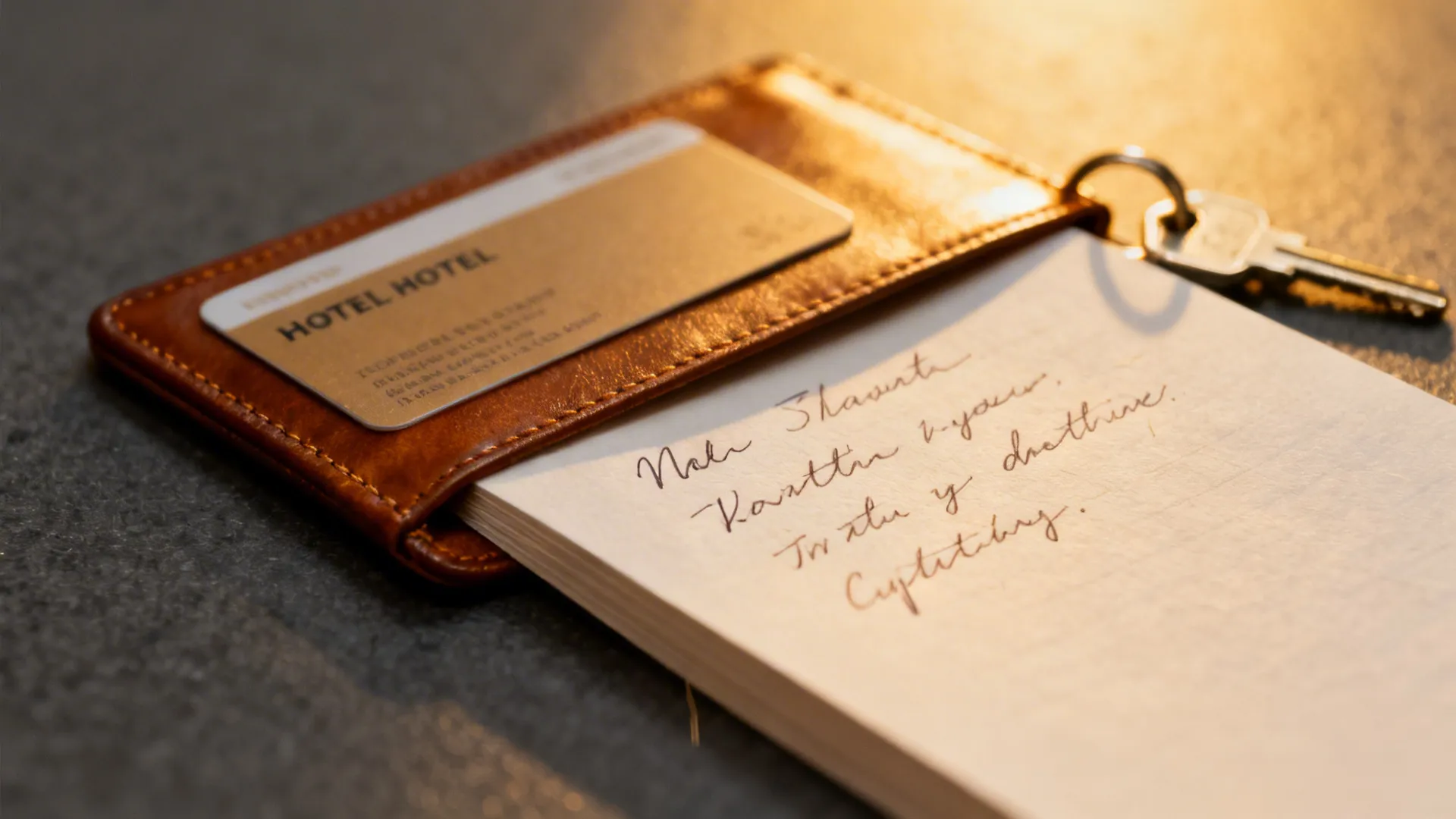 Close-up of a handwritten note tucked under a key card sleeve on a hotel desk.