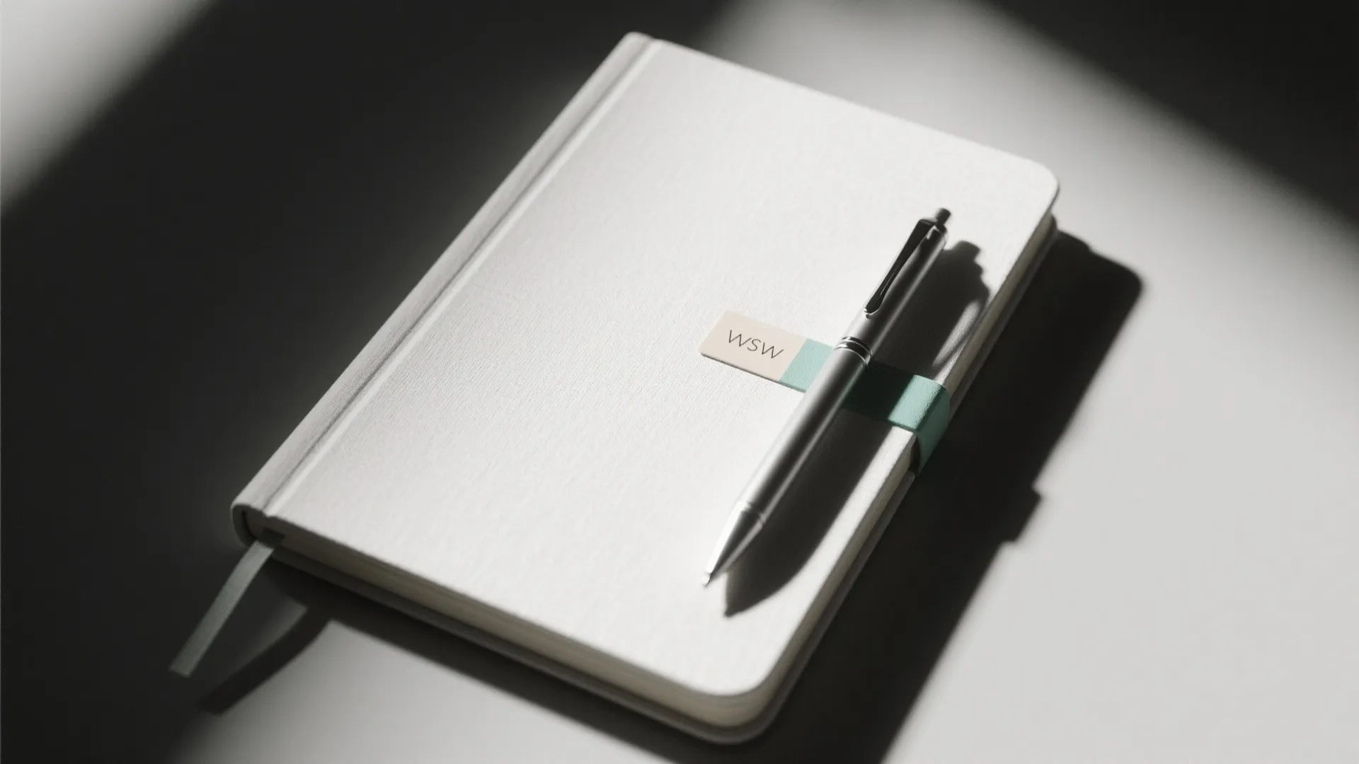 White hardcover notebook with a silver pen held by a green elastic band on desk