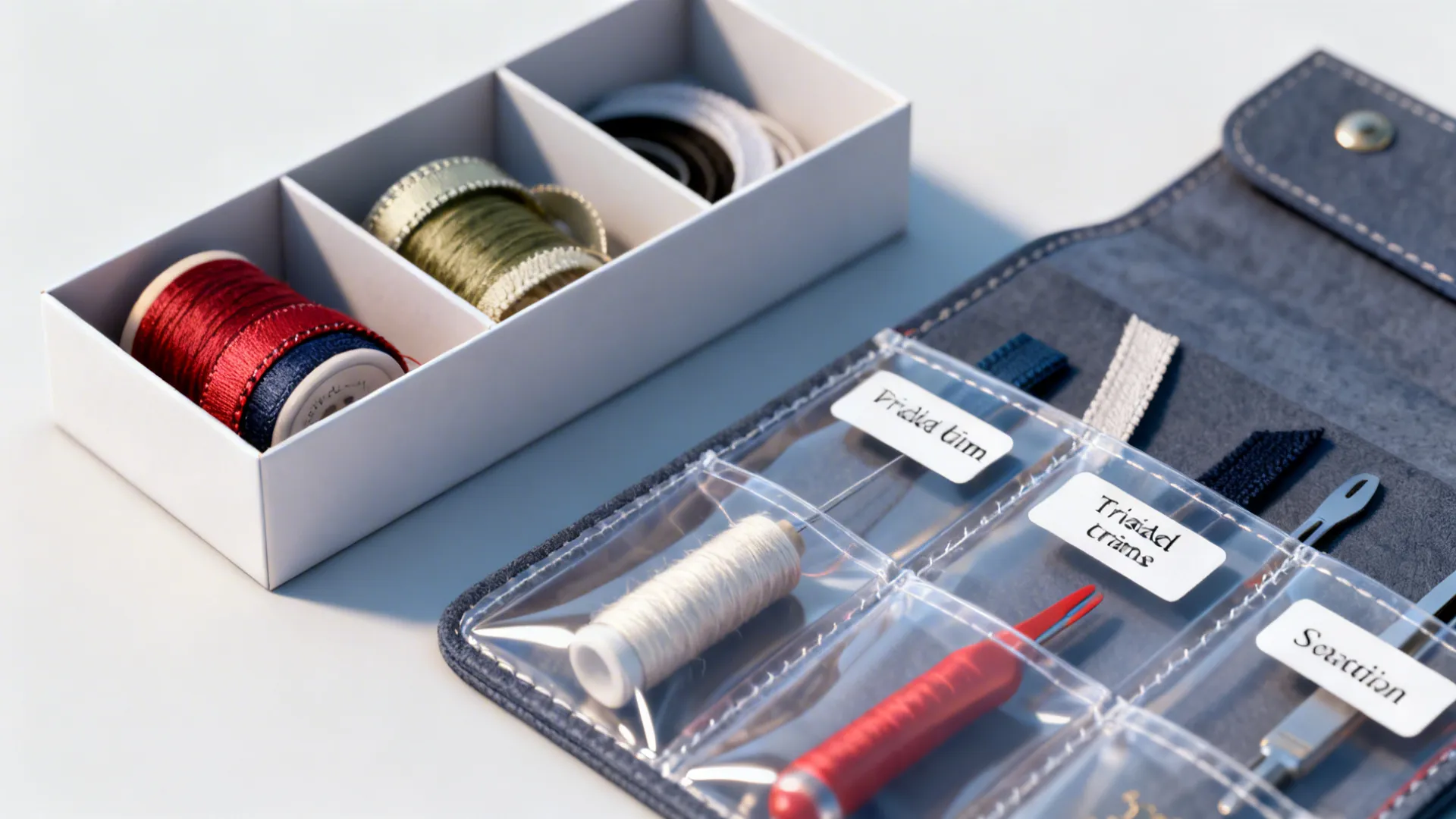 Divided boxes and clear pocket organizers holding trims and notions