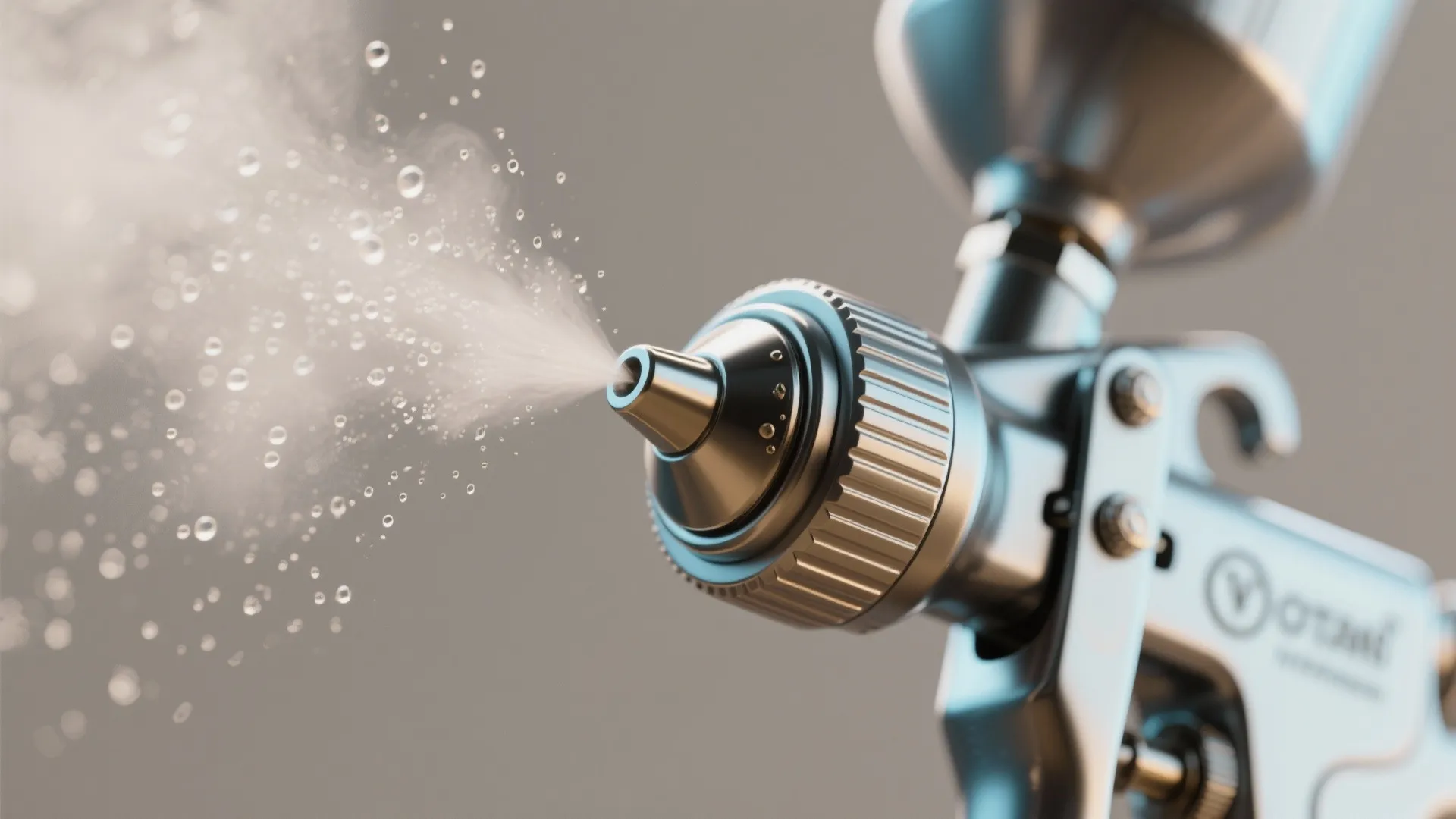 Macro close-up of an HVLP sprayer nozzle emitting a fine paint mist.