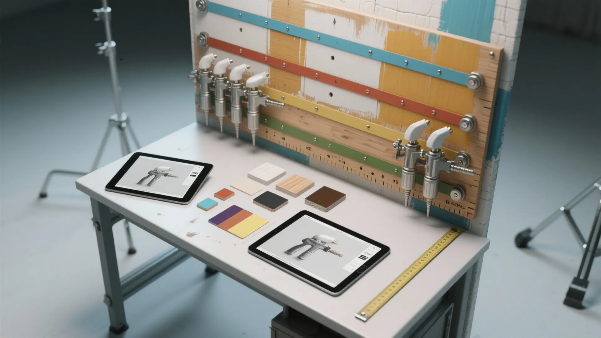 Work table showing two tablets with design drawings and various colorful paint samples and tools