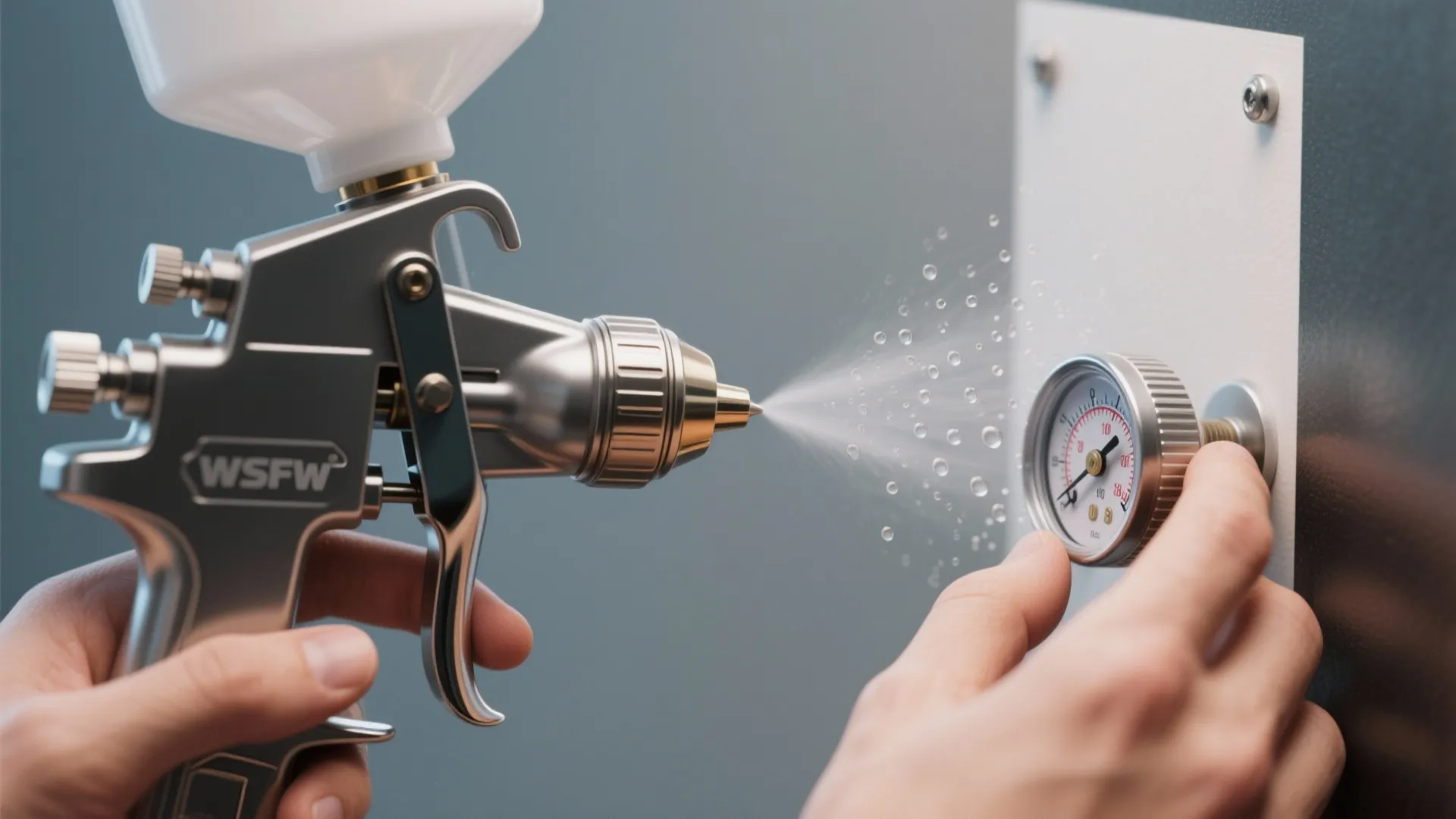 Close-up of a fine sprayer nozzle and pressure gauge with a sprayed test panel in the background.