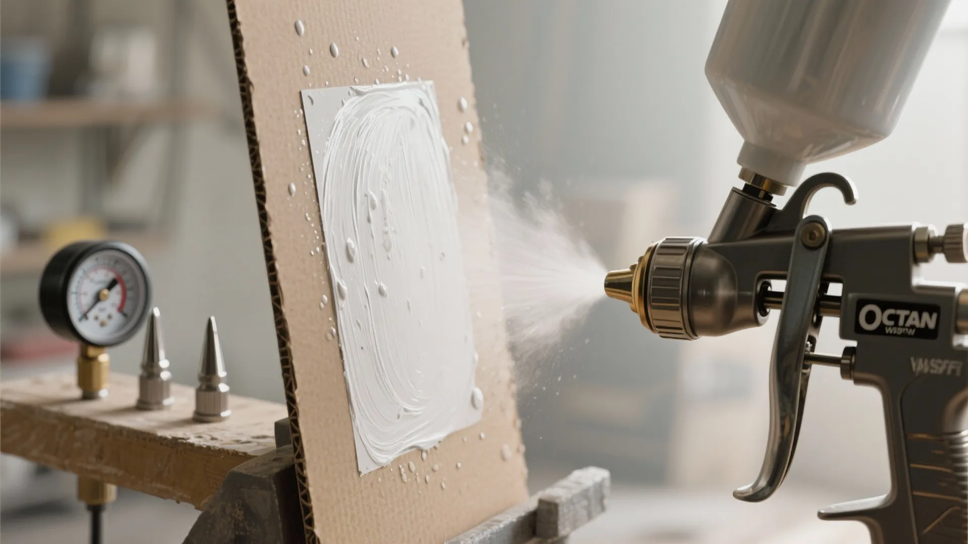 Close up view of a spray gun applying white paint onto a piece of cardboard