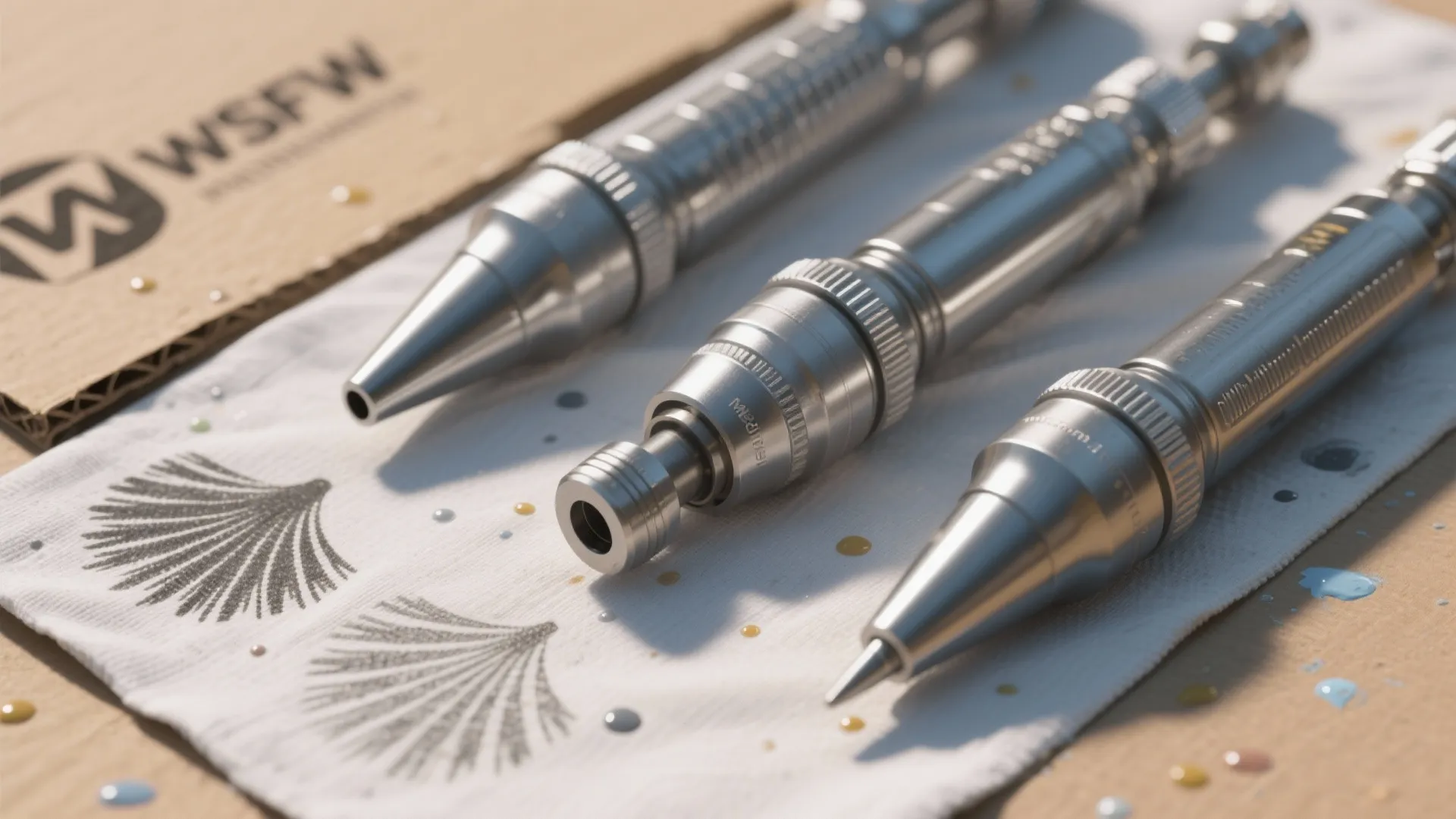 Three metal paint sprayer nozzle tips lying on a white cloth with colorful paint drops