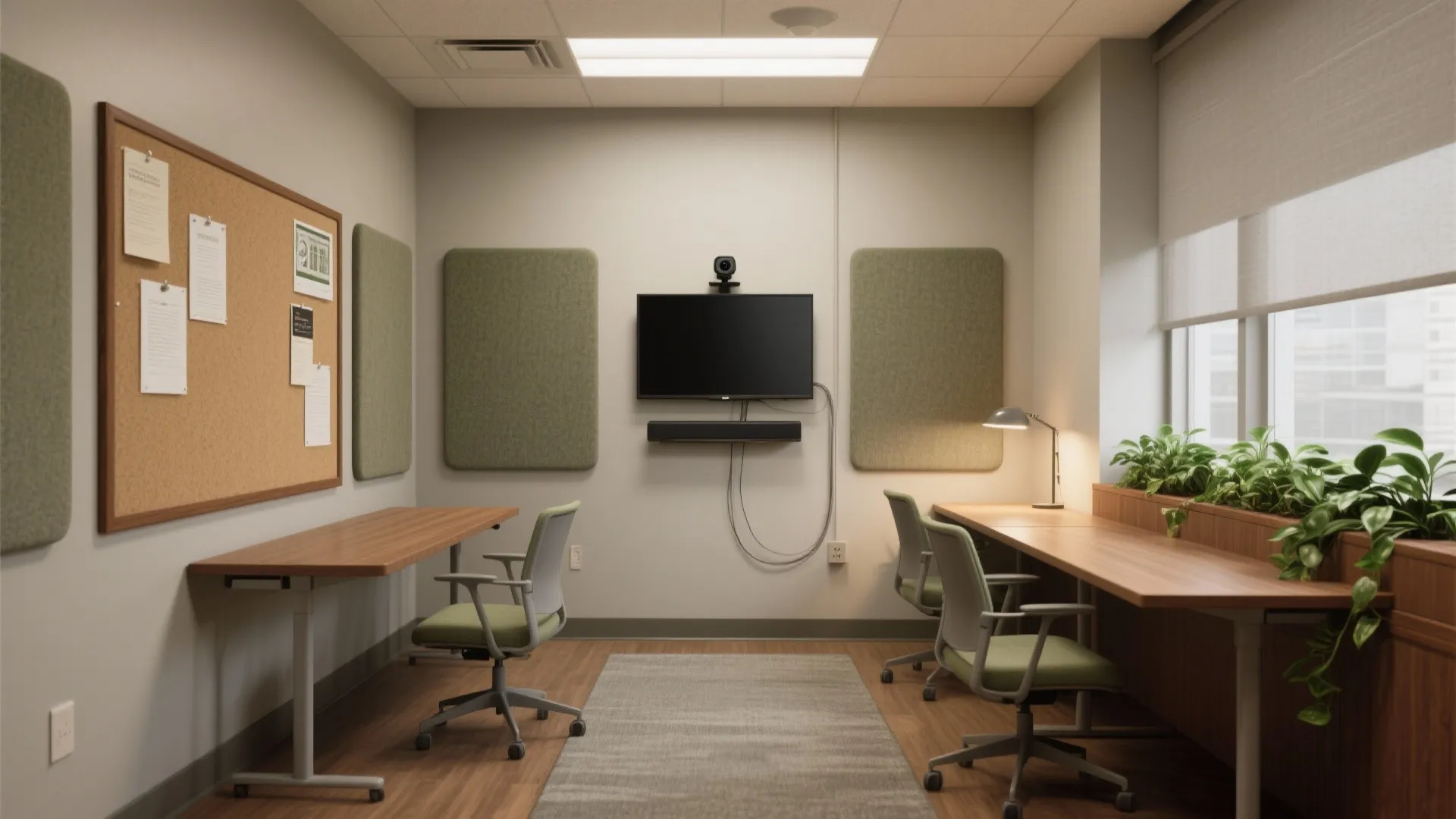 Modern office workspace with wooden desks green chairs wall mounted television and indoor potted plants