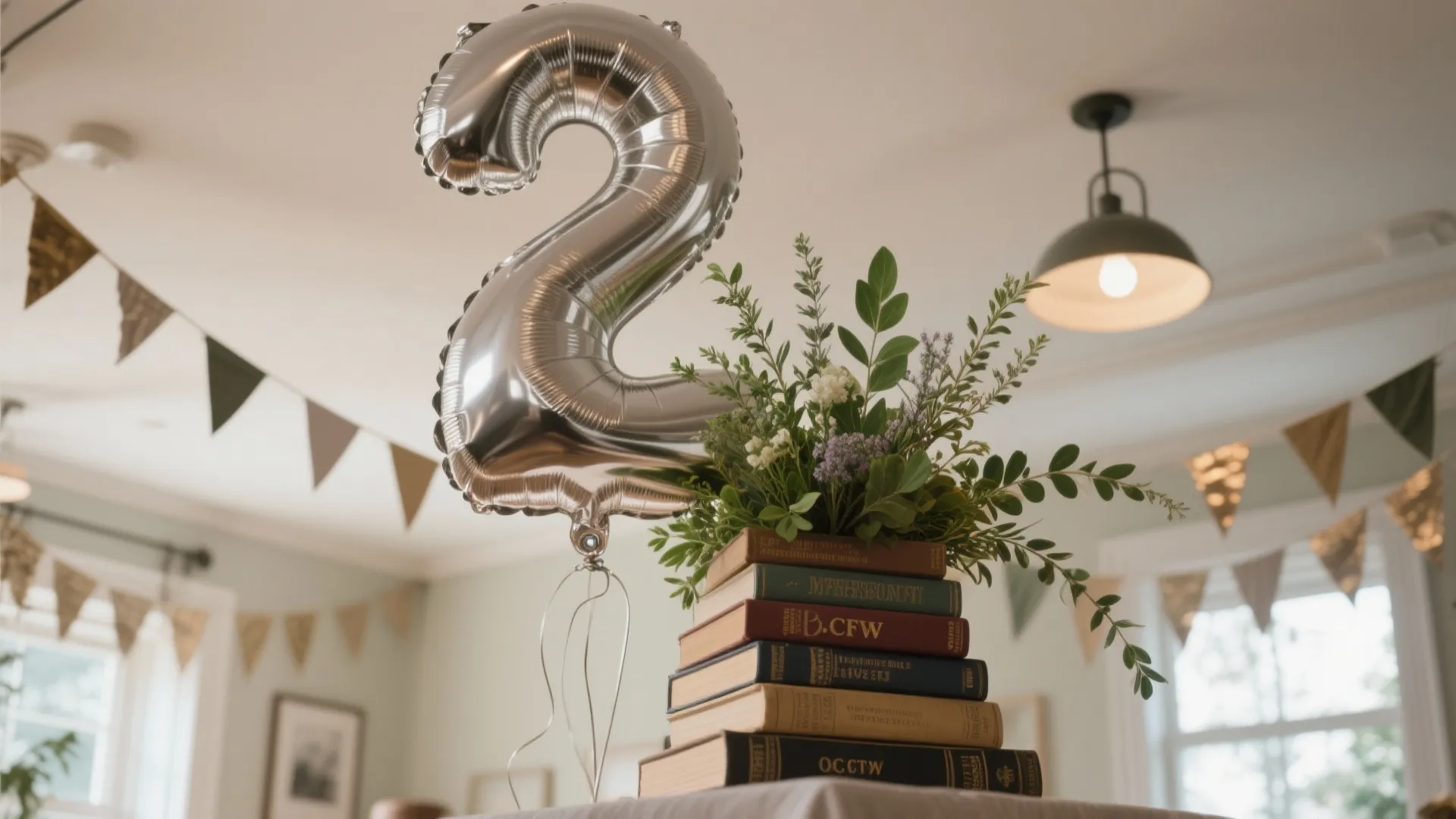 Silver number two balloon next to a stack of books topped with fresh green leaves