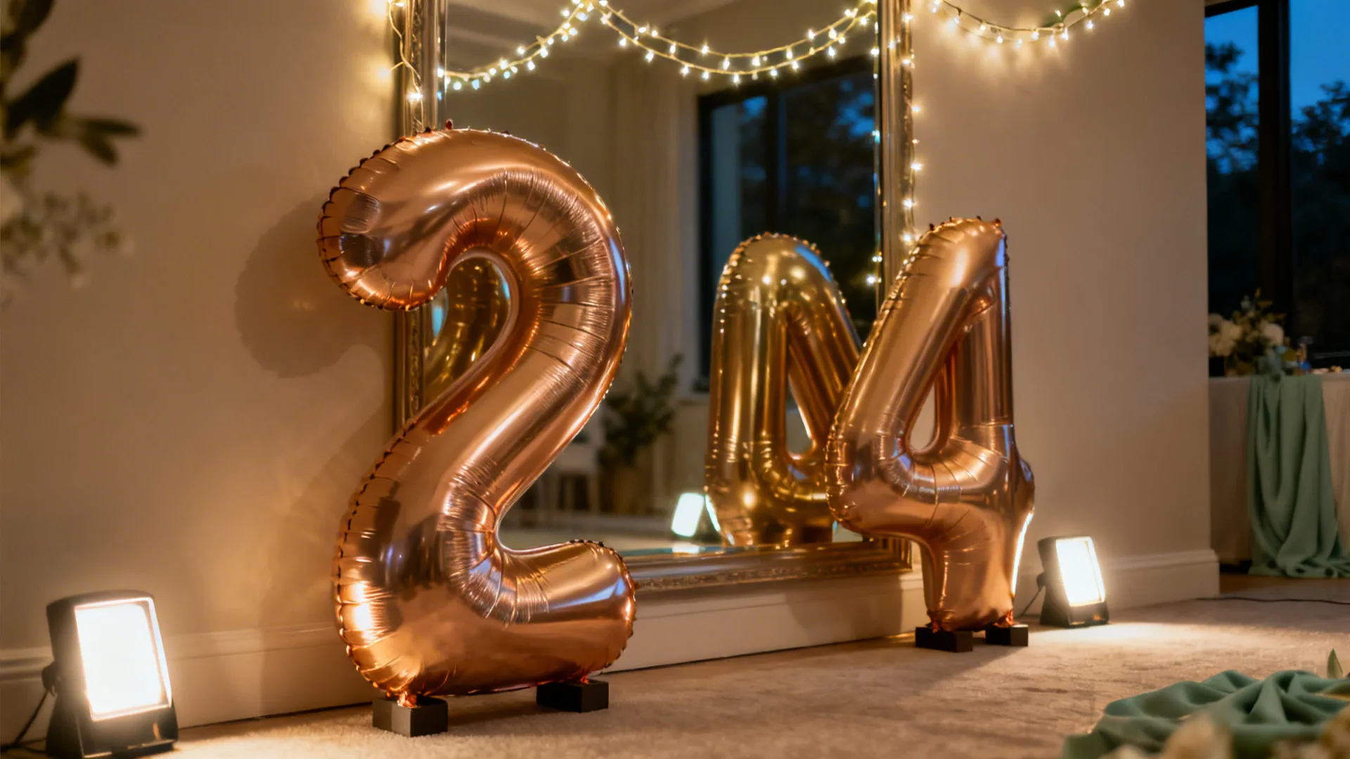 Large metallic number balloons with warm LED accent lighting near a mirror for a halo effect in a small room.