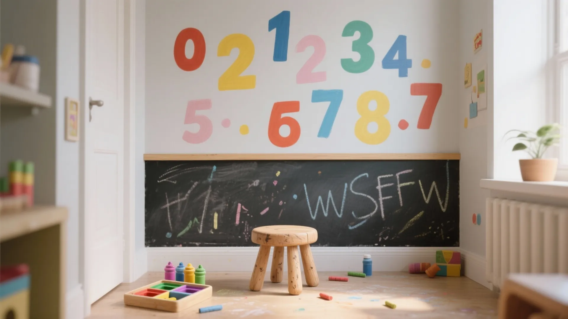Bright playroom corner with large colorful numbers on wall long chalkboard wooden stool and chalk art