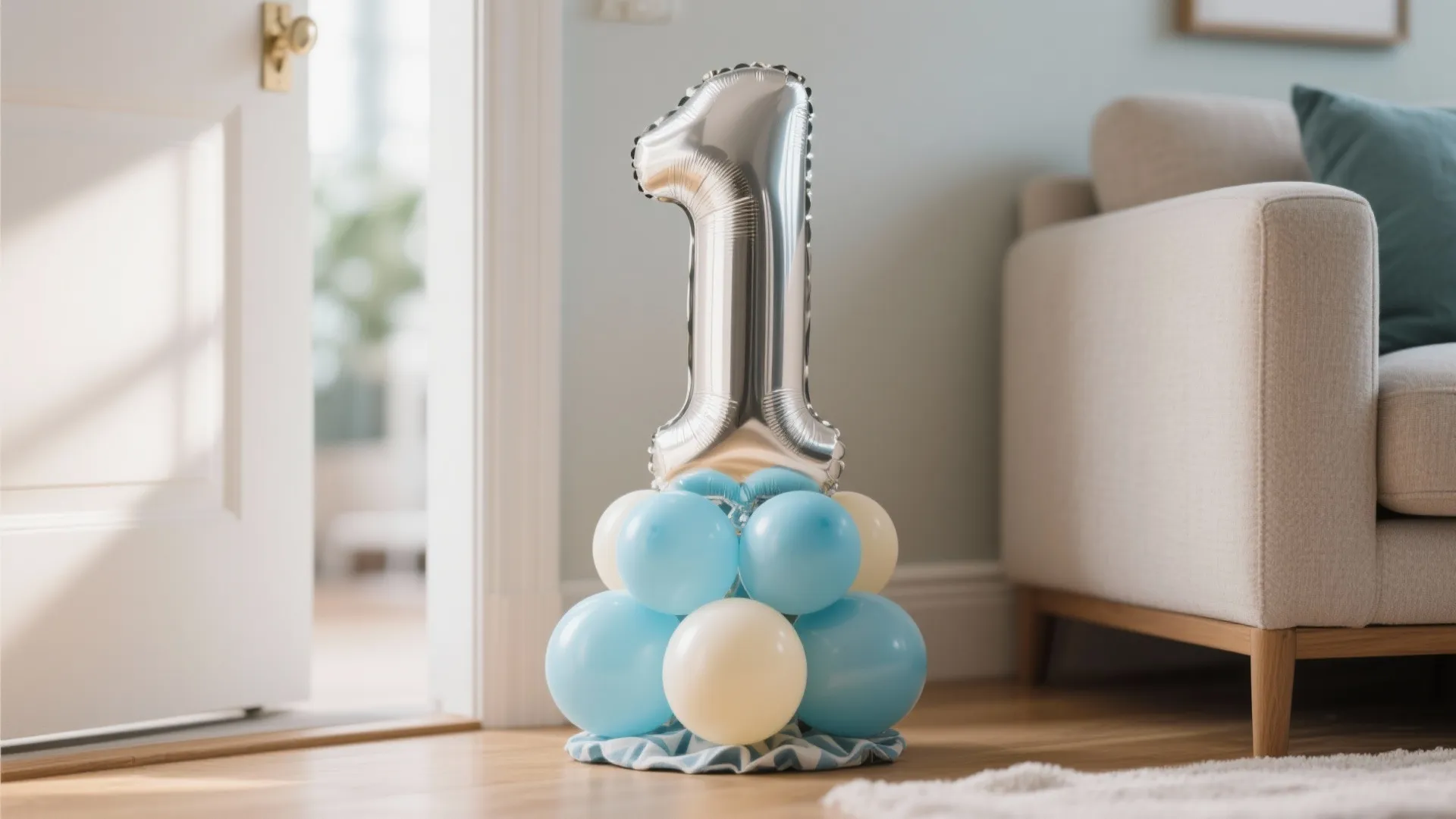Silver number one balloon standing on blue and white balloon base next to a sofa
