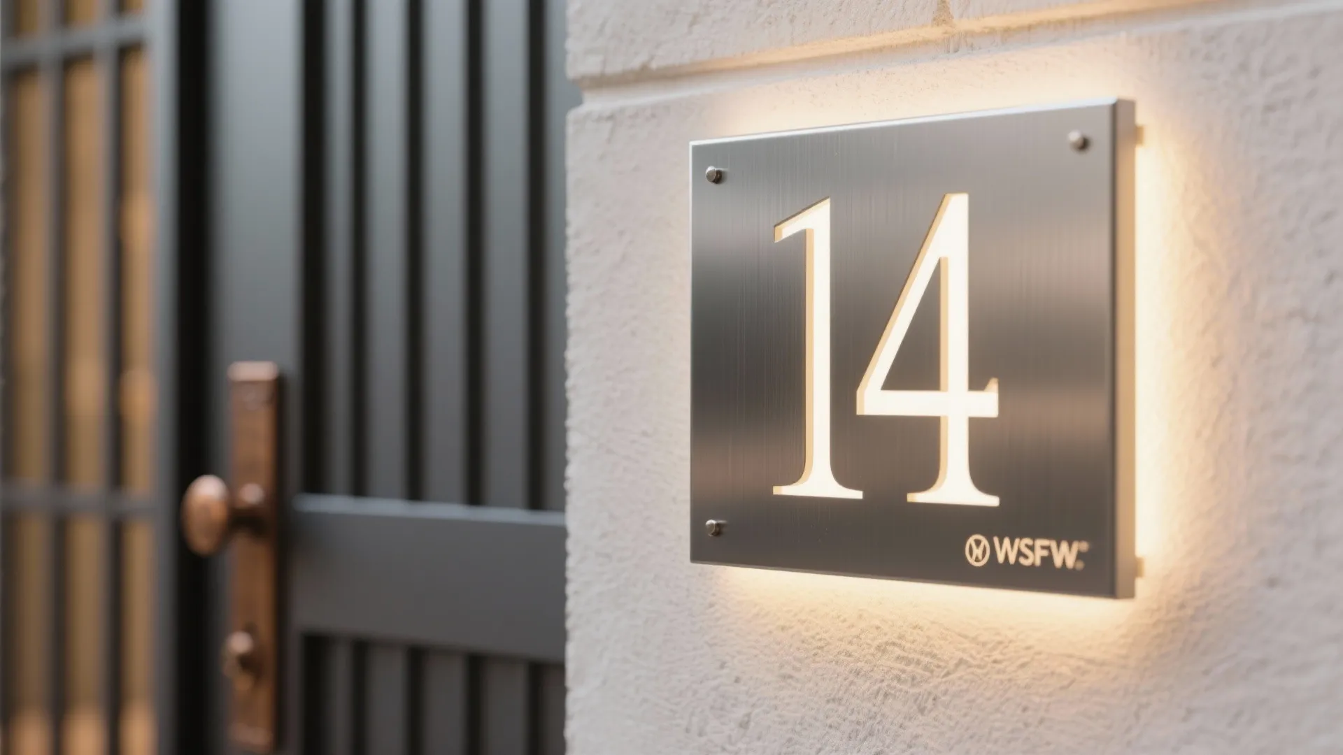 Metal house number plate with backlit lighting effect installed on a white exterior stone wall