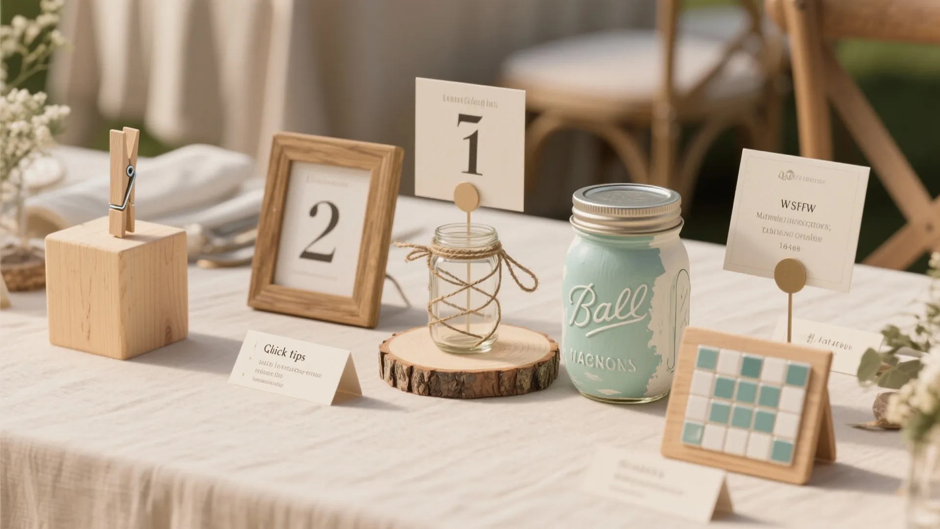 A curated assortment of DIY table number holders with small labels and tips arranged on a tabletop.