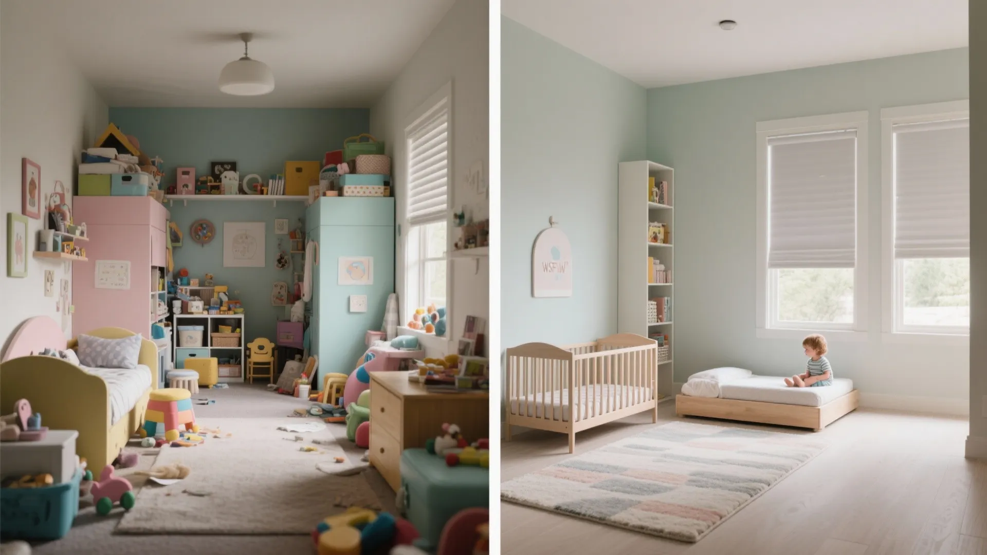 Before-and-after of a small kids’ room turned into a calm, zoned shared nursery.