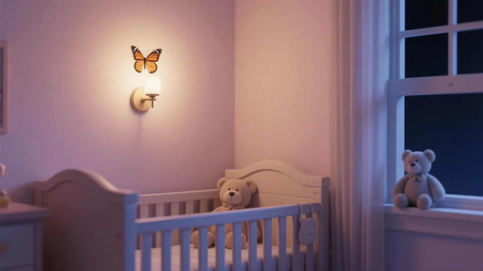 Nursery with a butterfly wall sconce installed high above the crib emitting a gentle night light glow.