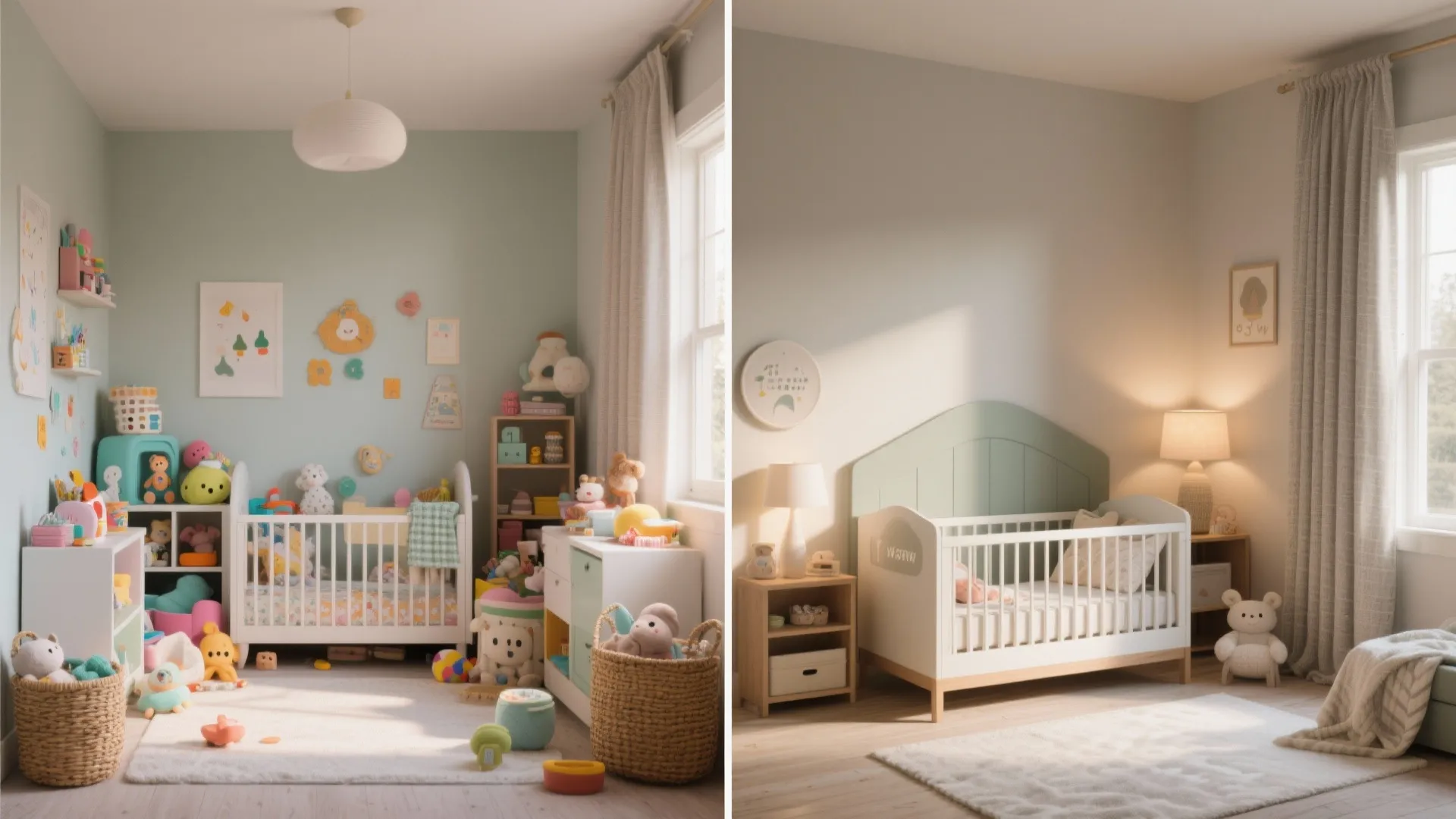 Before and after comparison of a messy toy filled nursery versus a clean organized room