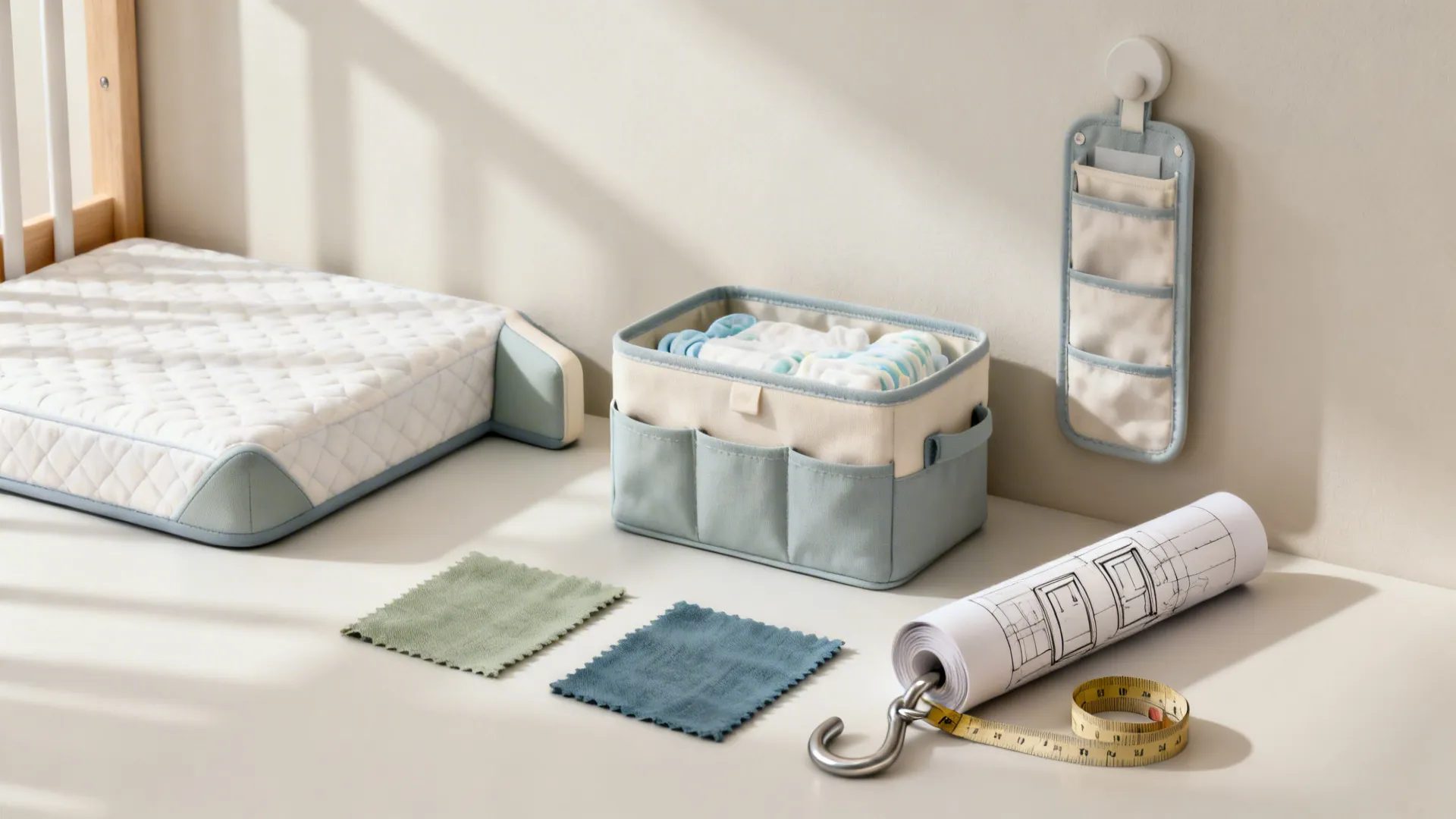 Nursery storage bin with clothes changing pad wall organizer fabric samples interior design drawing tape