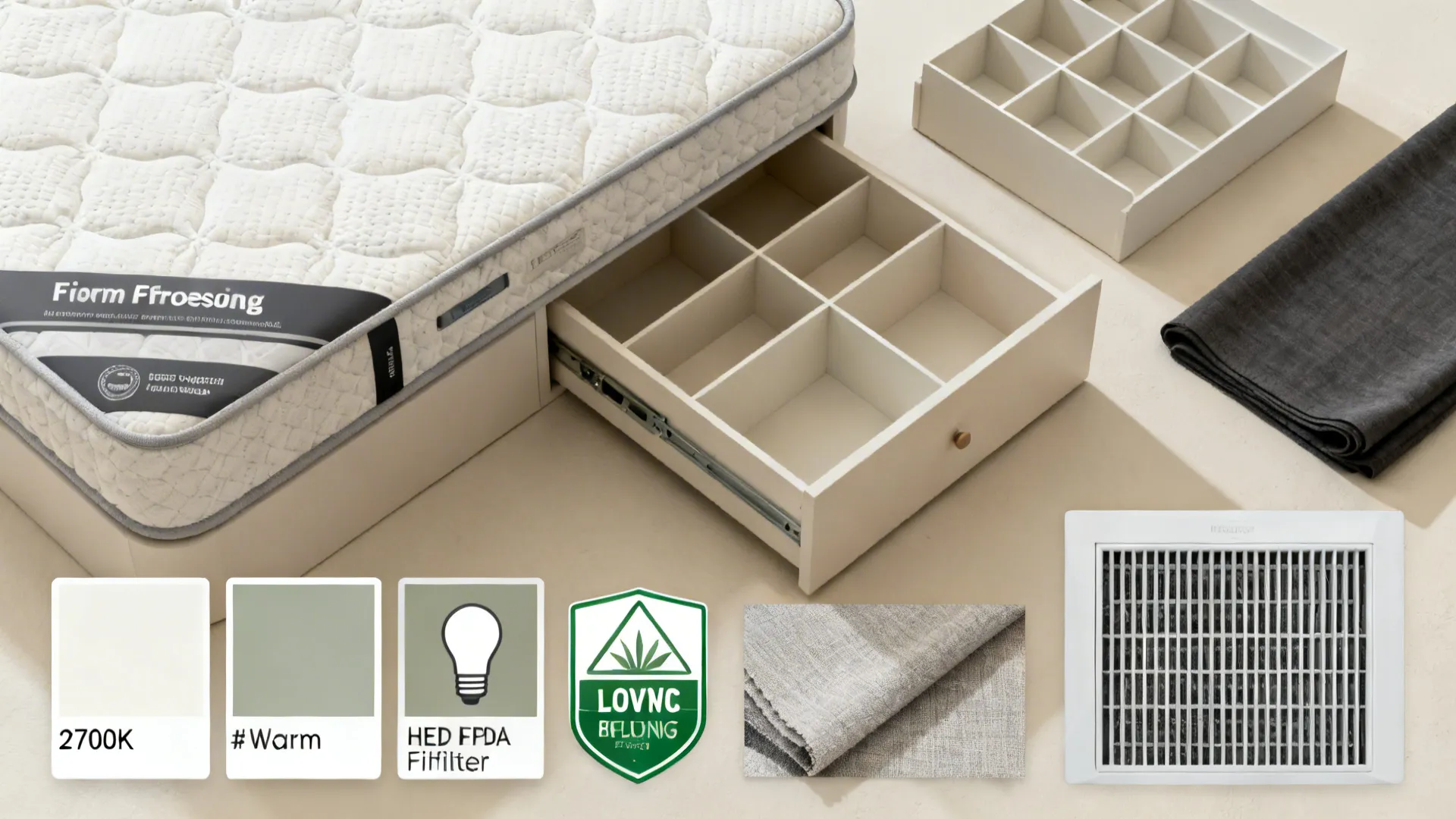 Flatlay of newborn nursery essentials: mattress, neutral palette chips, blackout fabric, organizers, and a purifier detail.