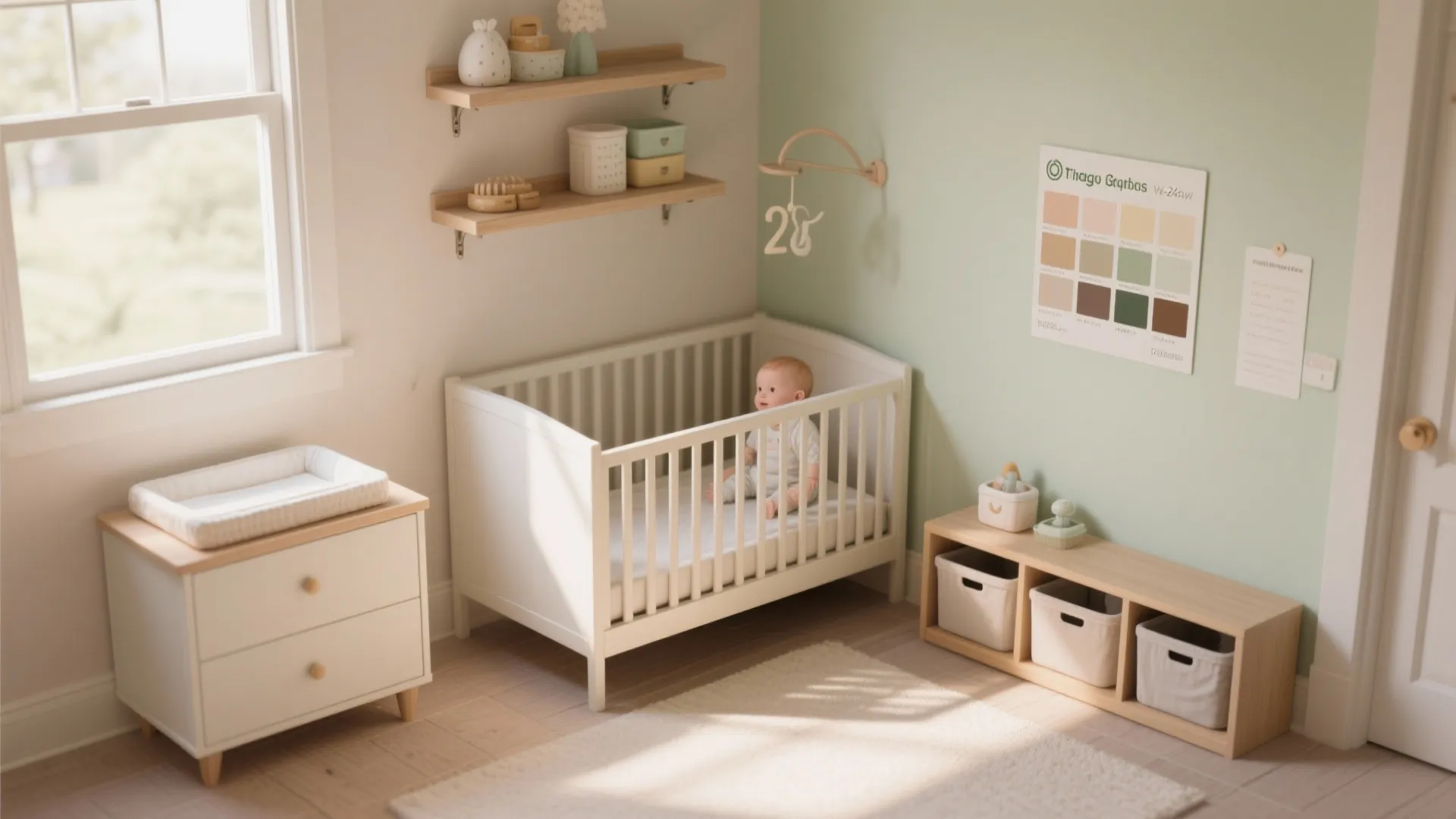 Tidy tiny nursery setup showing convertible crib, narrow dresser, secured wall shelves and recommended clearance around the crib.