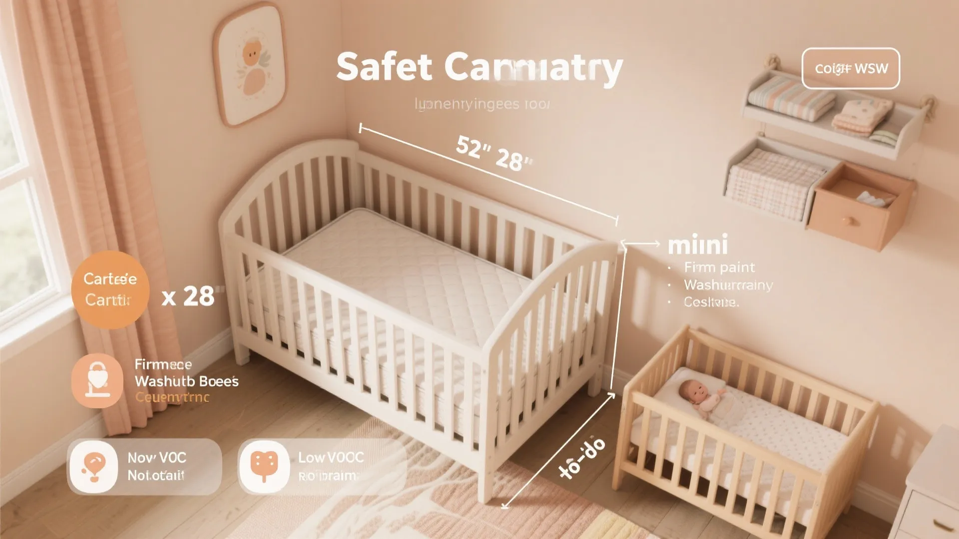 Infographic showing baby crib dimensions with white wooden bed, wall shelves, and pink room curtains