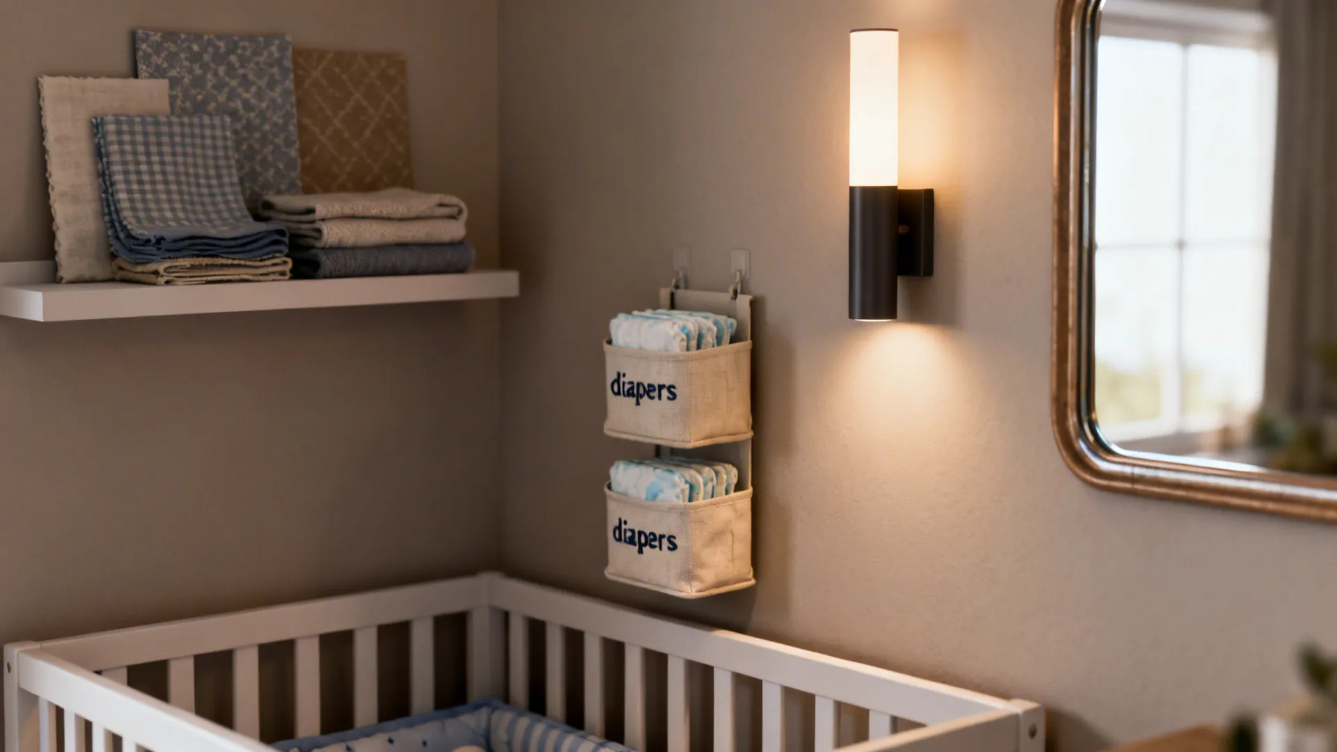 Compact nursery essentials: crib corner, vertical diaper storage, dimmable sconce and washable textiles