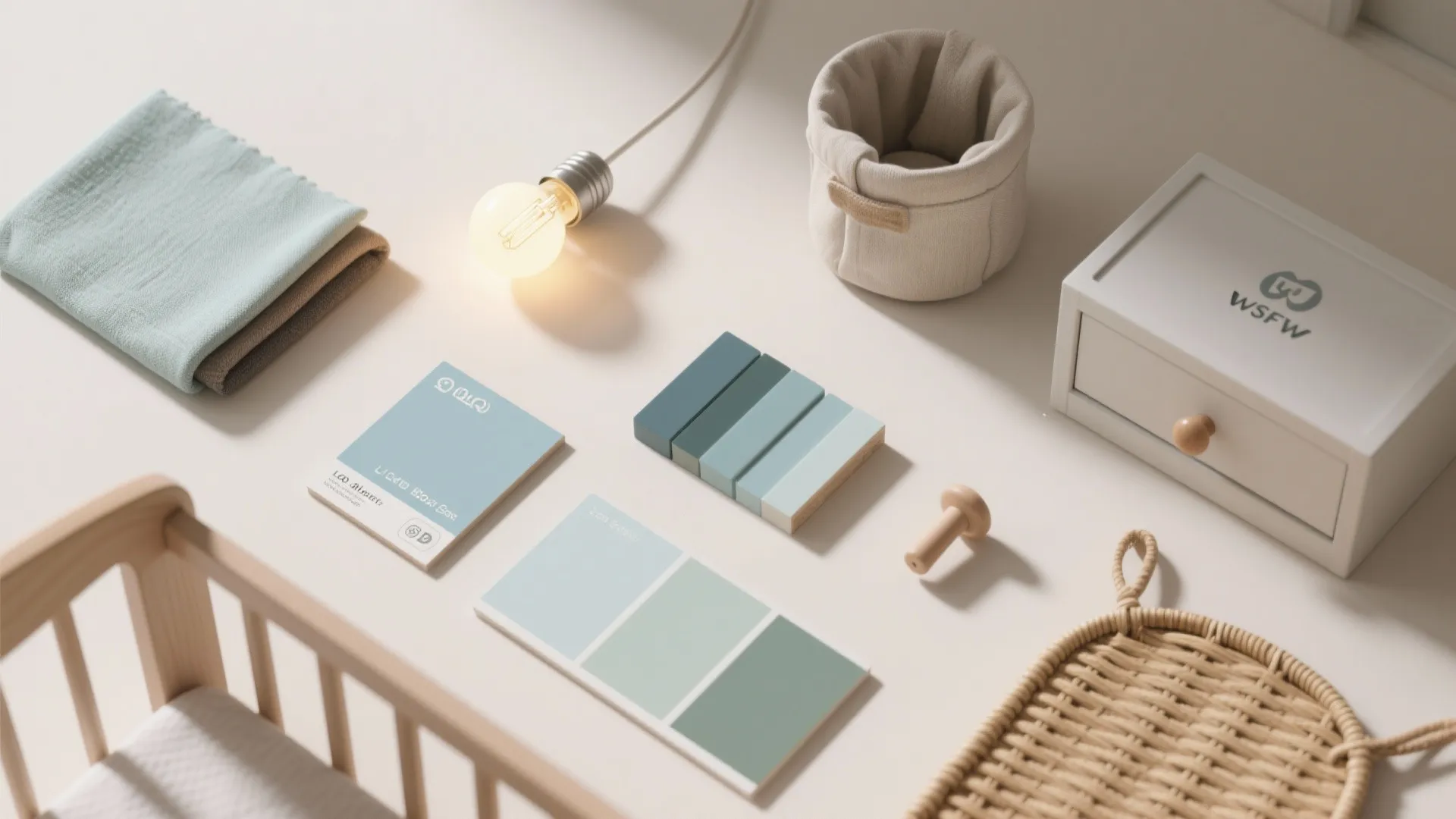 Interior design mood board with blue color swatches a light bulb and small wooden cabinet