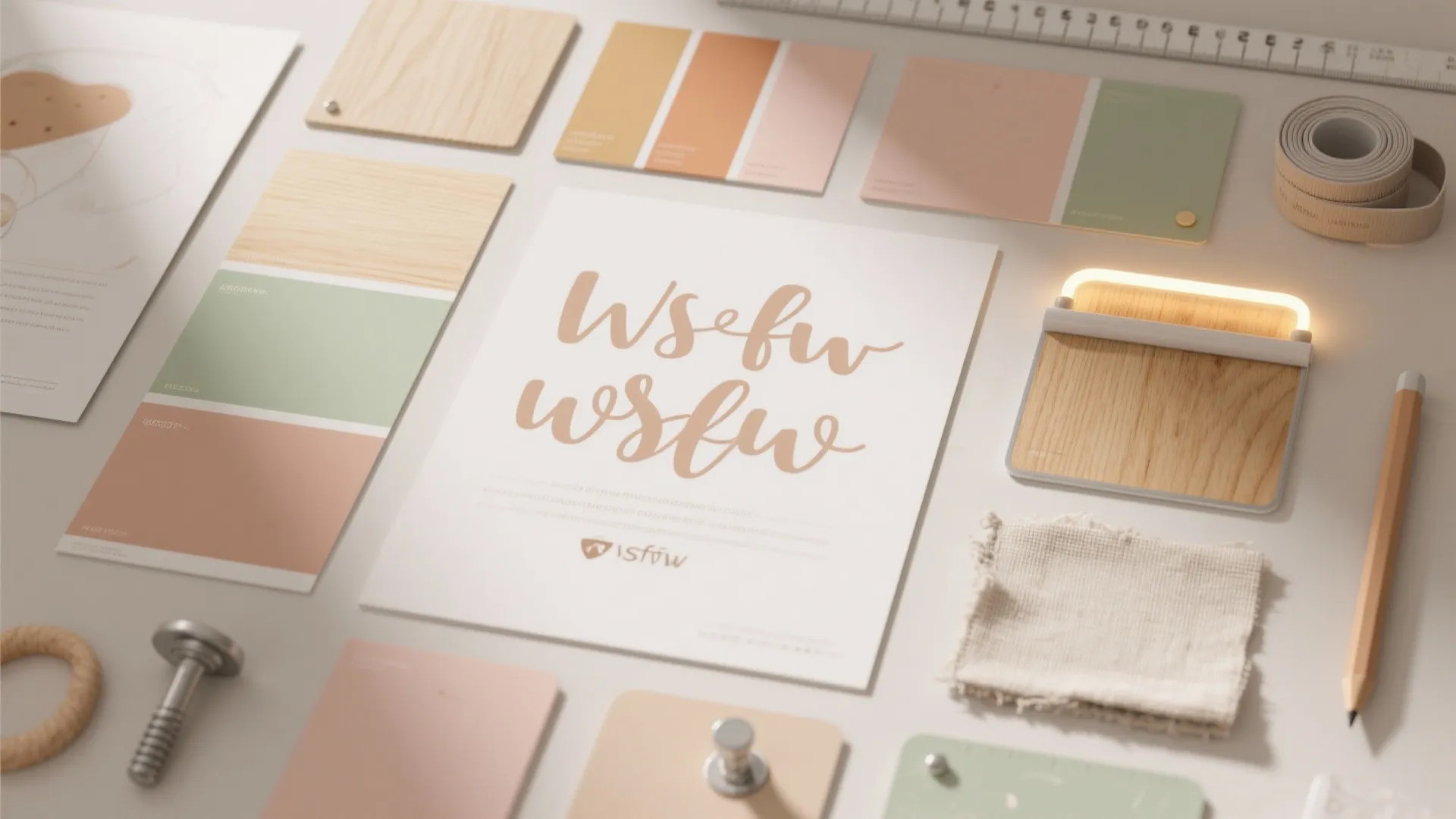 Top-down flat lay of nursery planning materials: fonts, swatches, wood, acrylic, vinyl, linen, anchors, and tools.