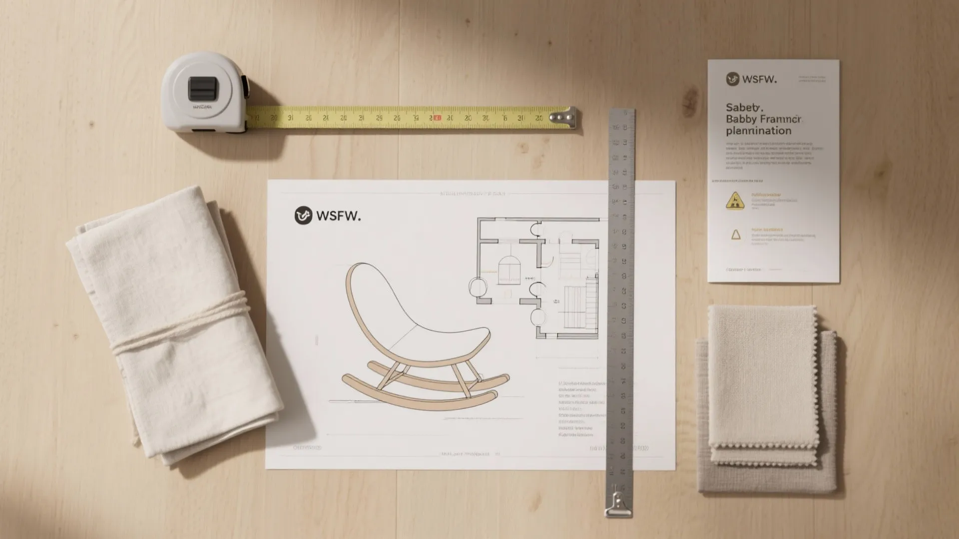 Flatlay of nursery planning tools: measuring tape, floor plan sketches, safety checklist, and fabric swatches.