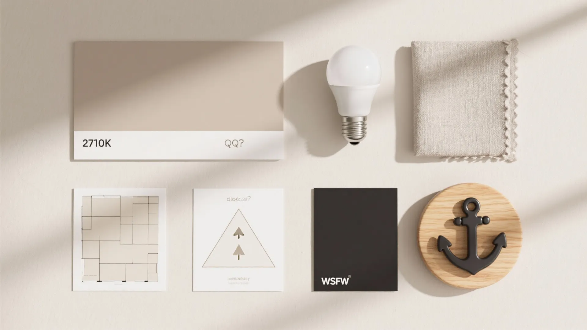 Interior design flat lay with light bulb color swatch fabric sample small floor plan anchor