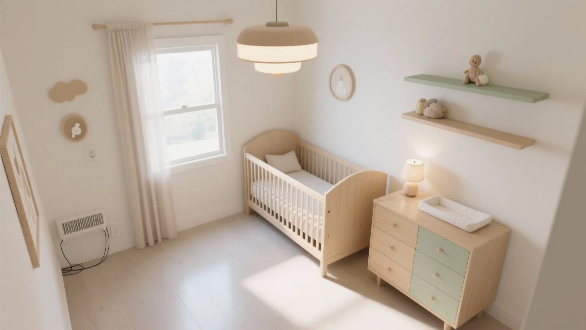 Neutral nursery room with wood baby crib dresser wall shelves ceiling light and natural window