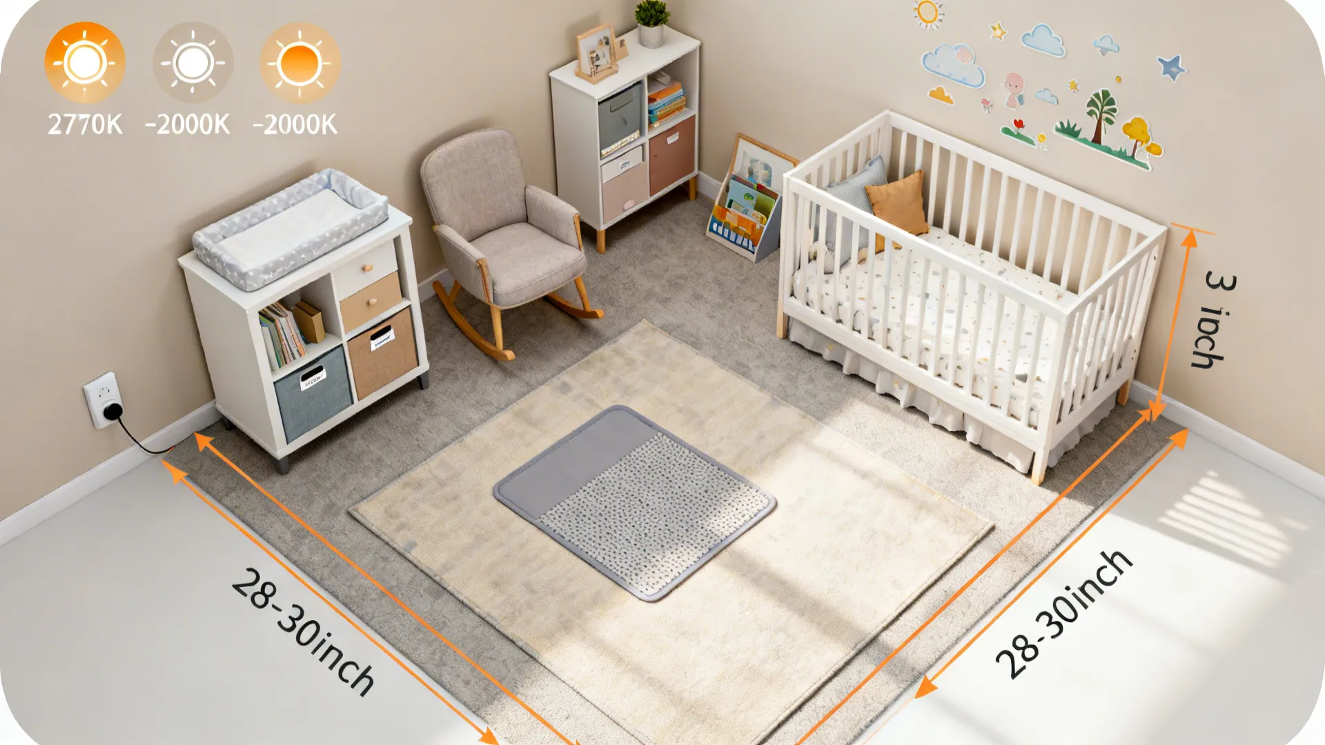 Top-down nursery overview showing triangle layout, warm lighting, mixed storage, and safe textile choices.