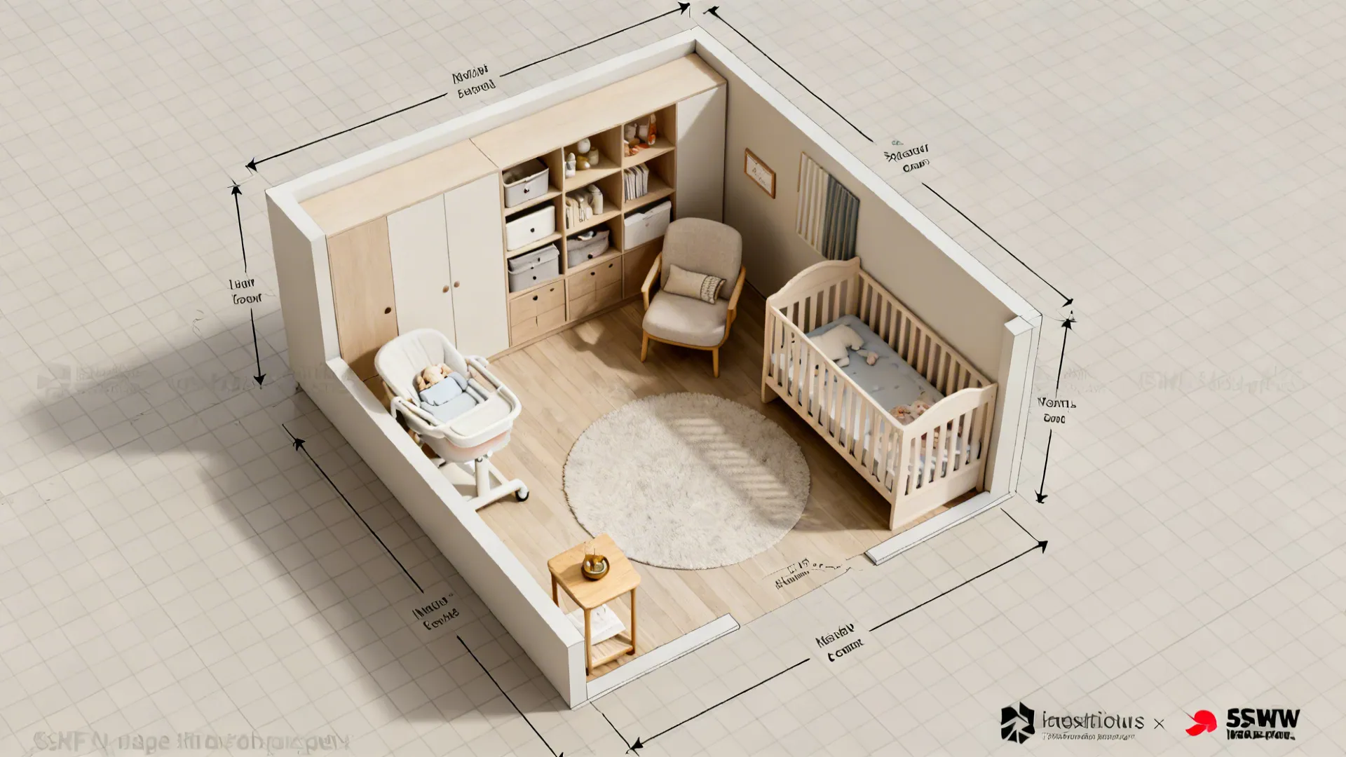 Top-down mockup floor plan showing furniture placement and circulation in a small nursery.