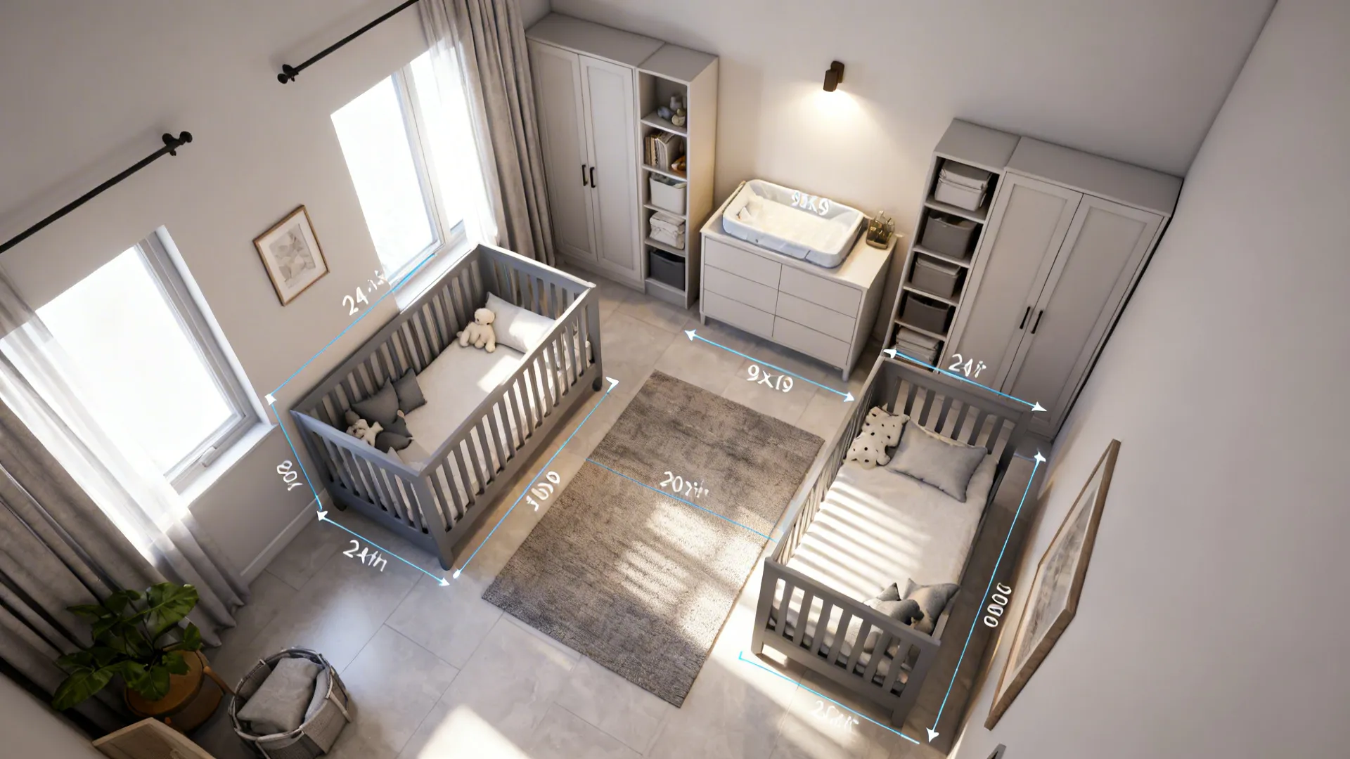 Top-down 3D mockup of a compact twin nursery layout showing furniture placement and clearances