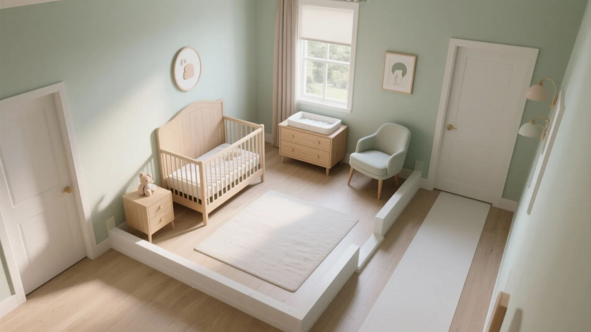 1) Minimal-footprint layout: crib, chair, dresser—nothing extra